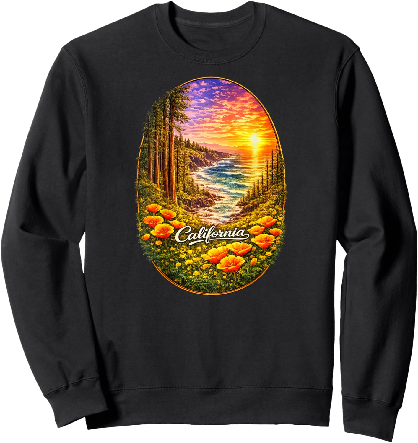 California Coast Redwood Ocean Poppy Nature Back Print Sweatshirt - Sweatshirt | Black