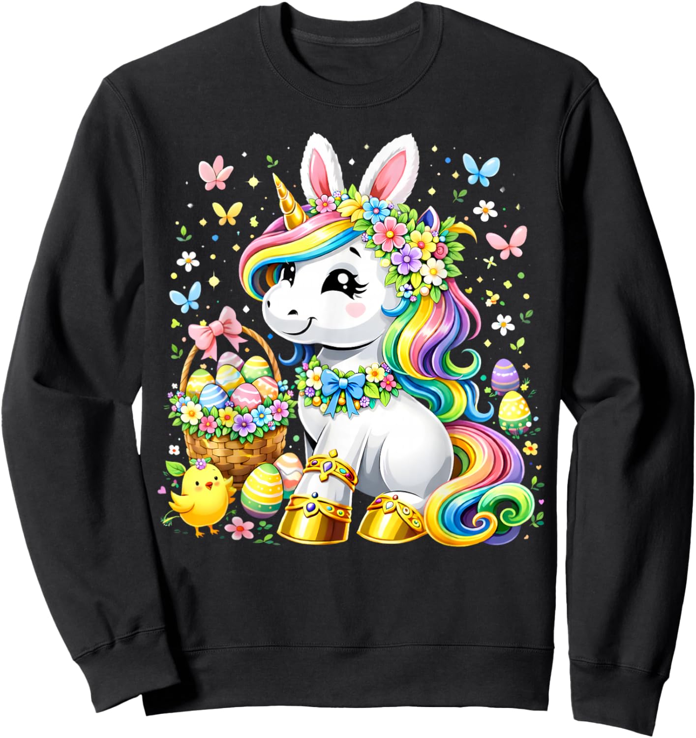 Cute Unicorn Happy Easter Day Girls Kids Toddler Easter Eggs Sweatshirt - Sweatshirt | Black