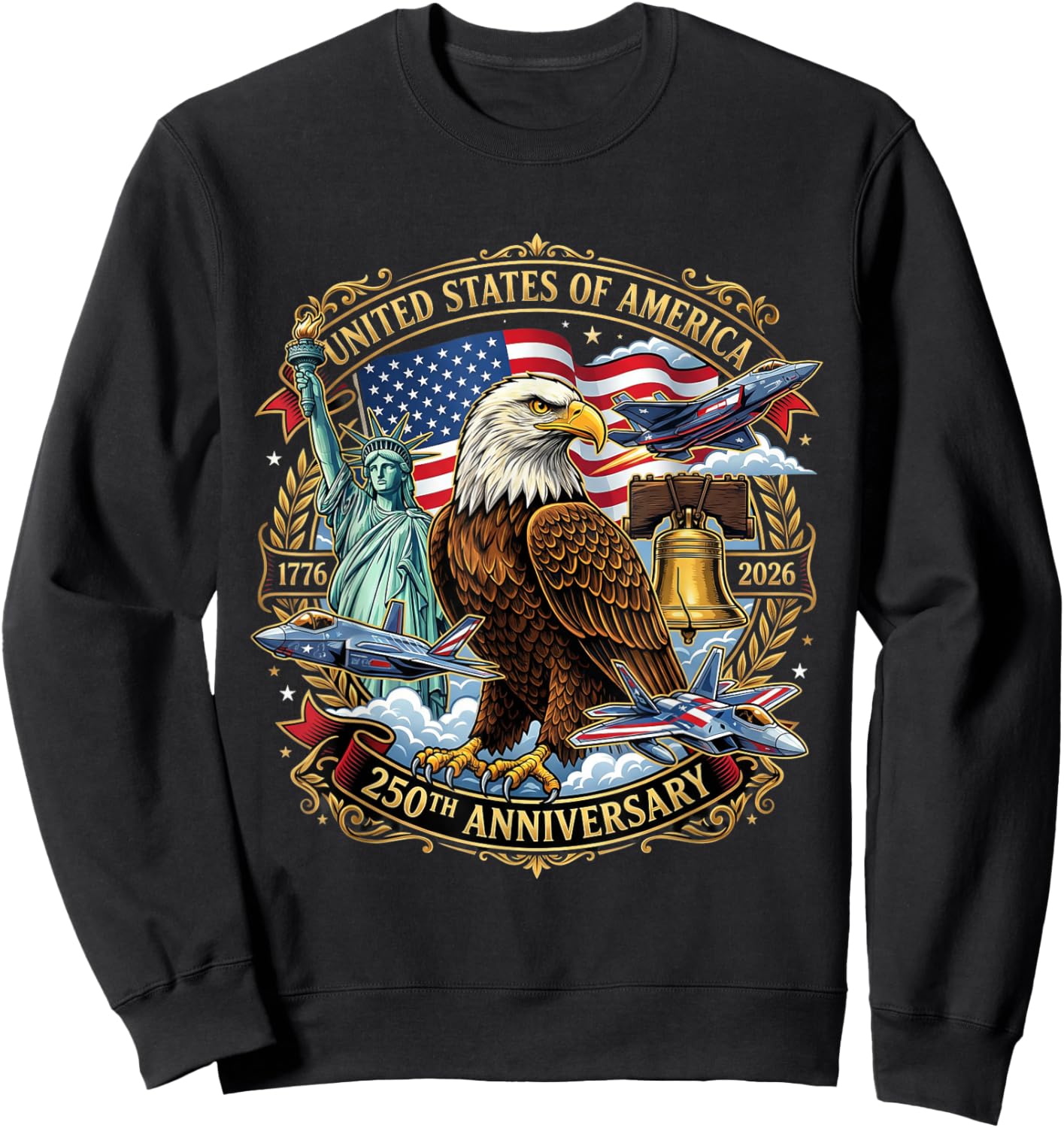 USA Independence 250th Anniversary 1776 2026 Patriotic Eagle Sweatshirt - Sweatshirt | Black
