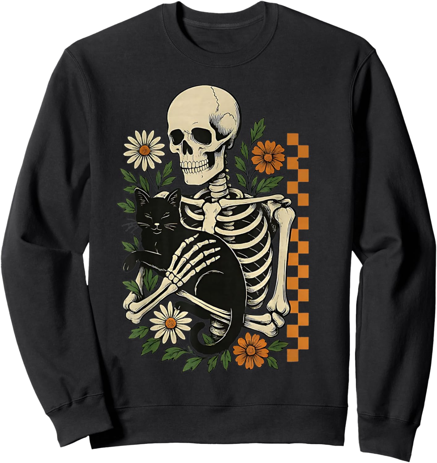 Funny Floral Skeleton Hugging Cat Halloween Cat Mom Cat Dad Sweatshirt - Sweatshirt | Black
