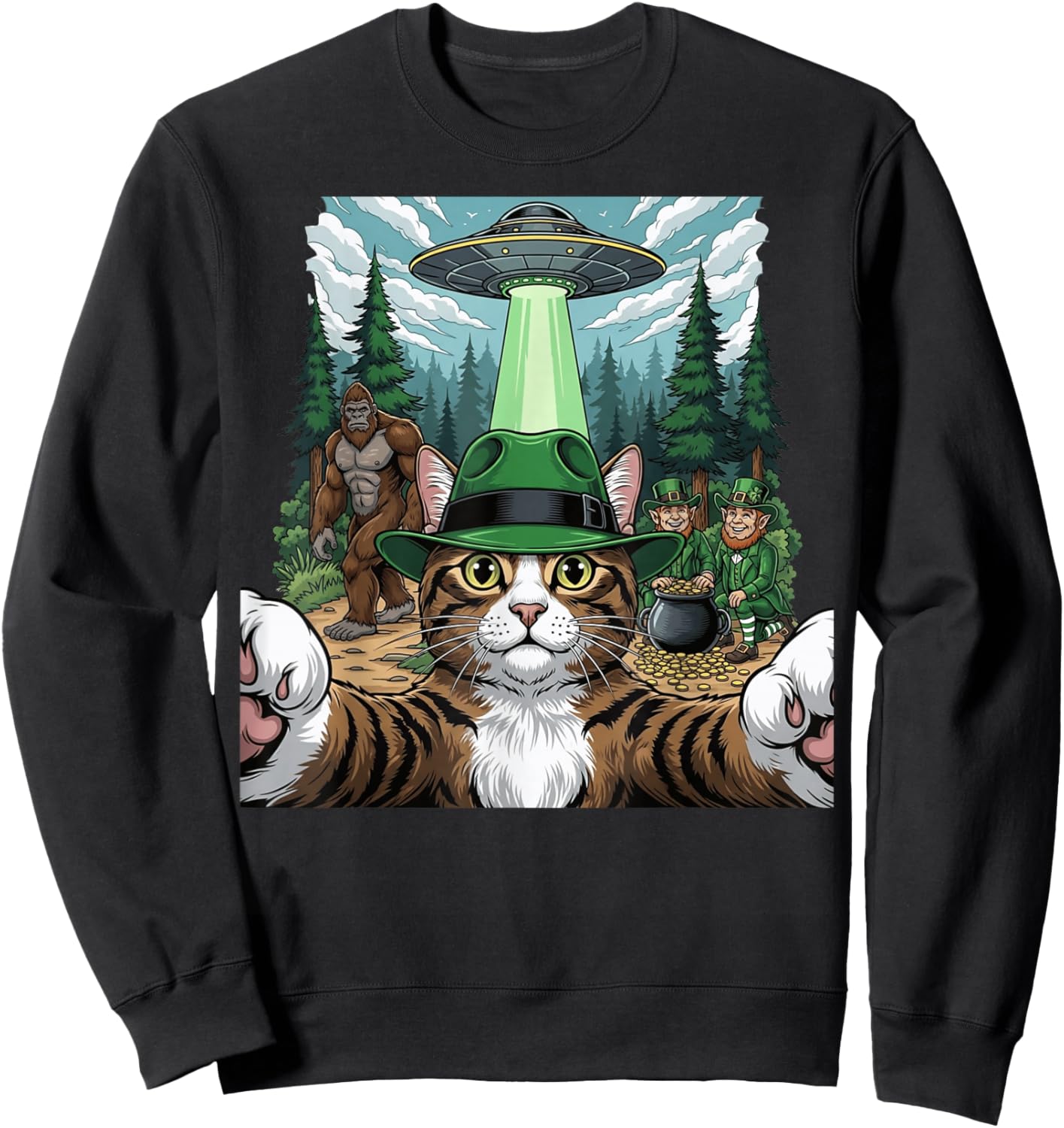 St Patricks Day Bigfoot Leprechaun Cat UFO Funny Scene Sweatshirt - Sweatshirt | Black