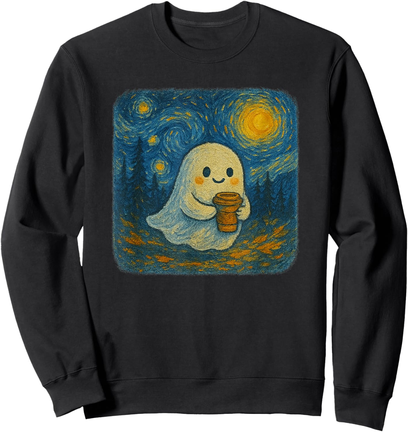 Funny Ghost Pumpkin Spice Latte Starry Night Halloween Sweatshirt - Sweatshirt | Black