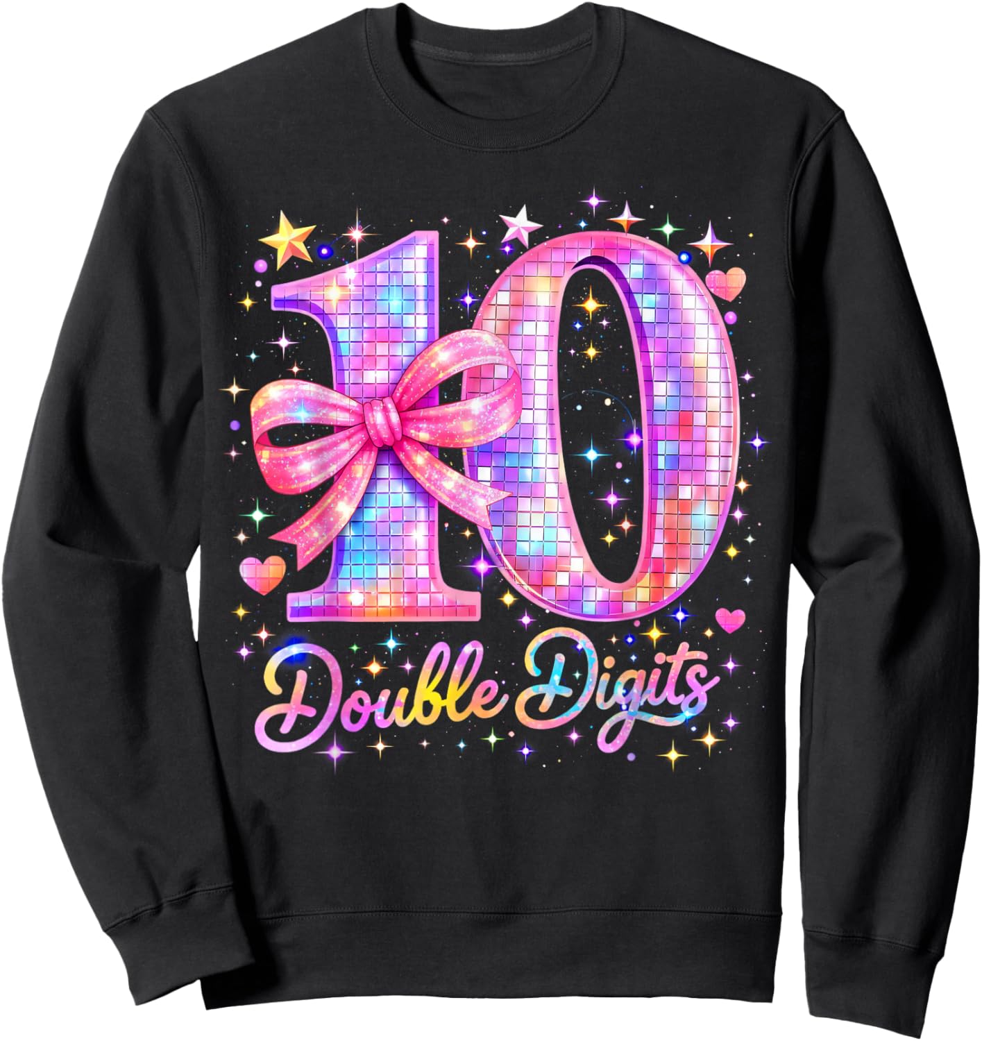10th Birthday Girl Pink Coquette Bow 10 Year Old Disco Ball Sweatshirt - Sweatshirt | Black