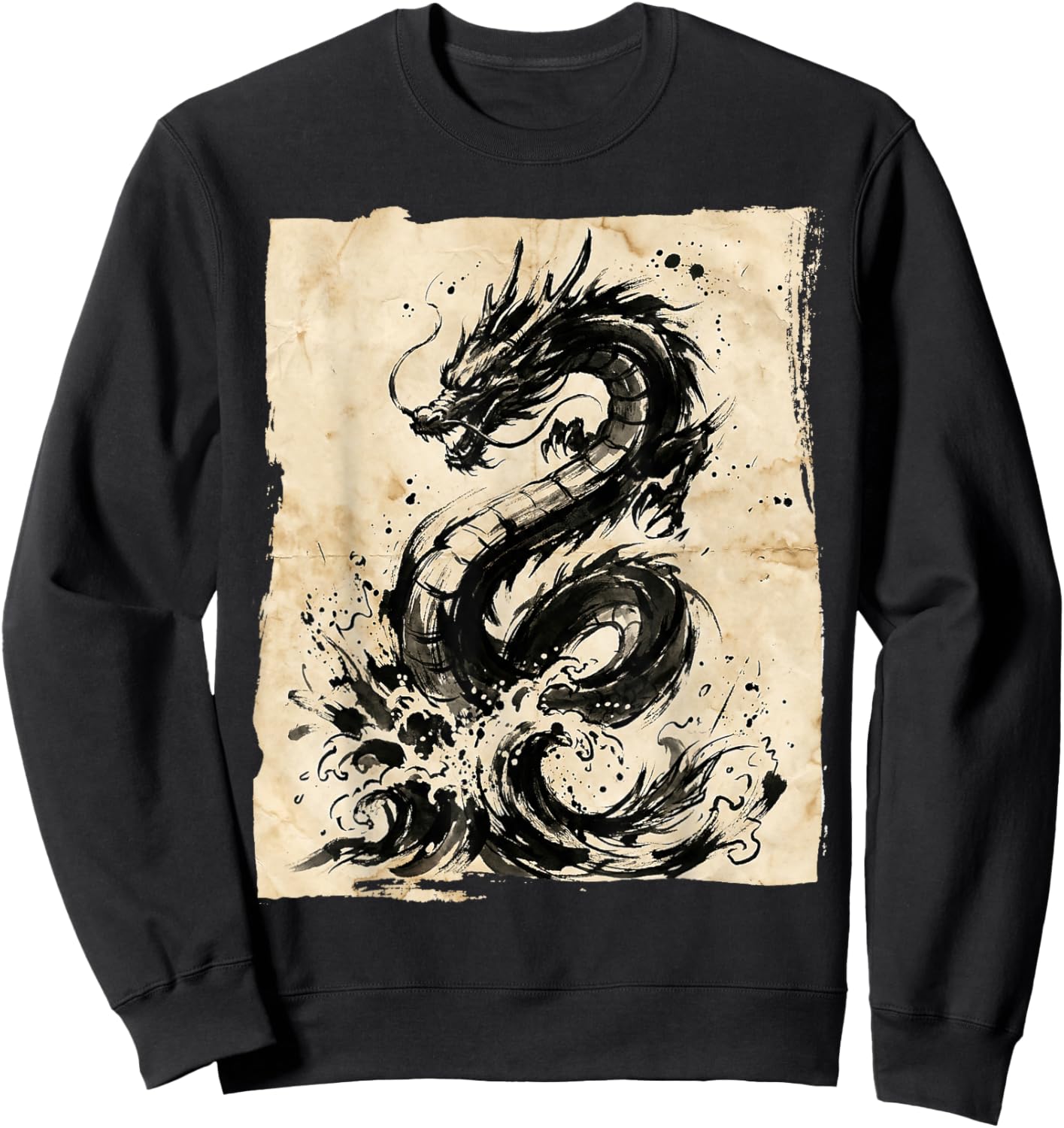 Vintage Japanese Ink Wash Dragon Art Sweatshirt - Sweatshirt | Black