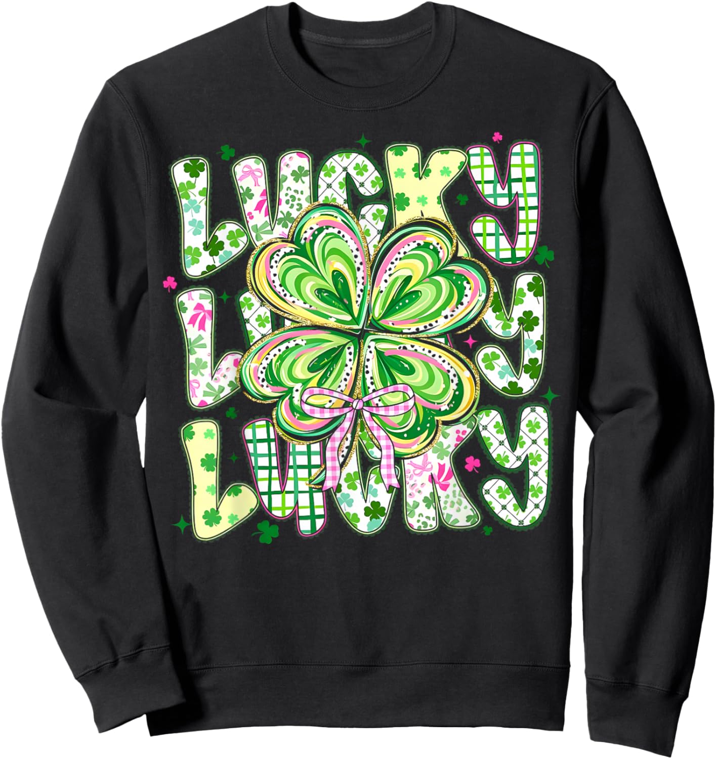 St Pattys Day Lucky Coquette Bow Shamrock St. Patrick's Day Sweatshirt - Sweatshirt | Black