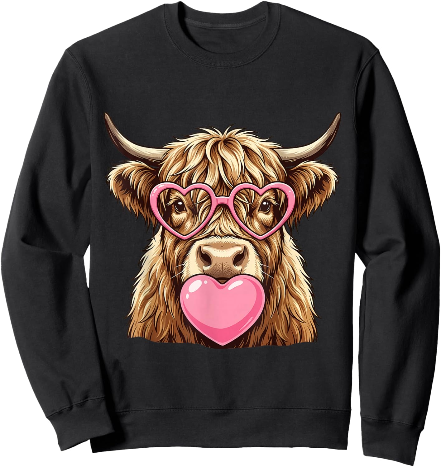 Cute Highland Cow Blowing Pink Valentine Heart Bubble Gum Sweatshirt - Sweatshirt | Black