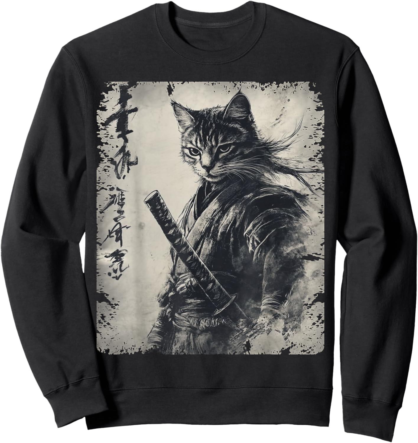 Samurai Cat Graphic Warrior Vintage Japanese Art Anime Sweatshirt - Sweatshirt | Black