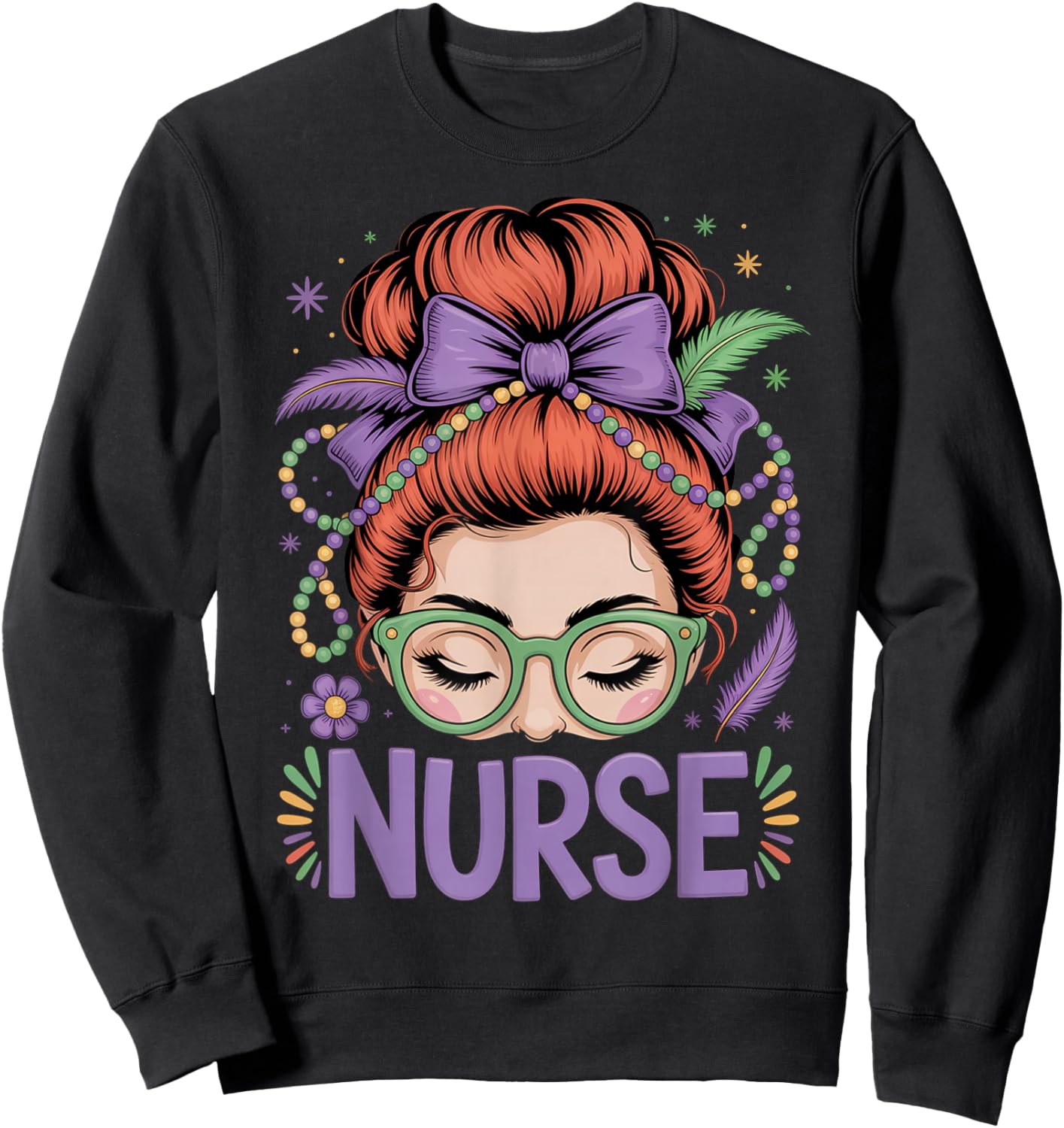 Redhead Nurse Mardi Gras Nursing Student RN LPN CNA HHA NP Sweatshirt - Sweatshirt | Black
