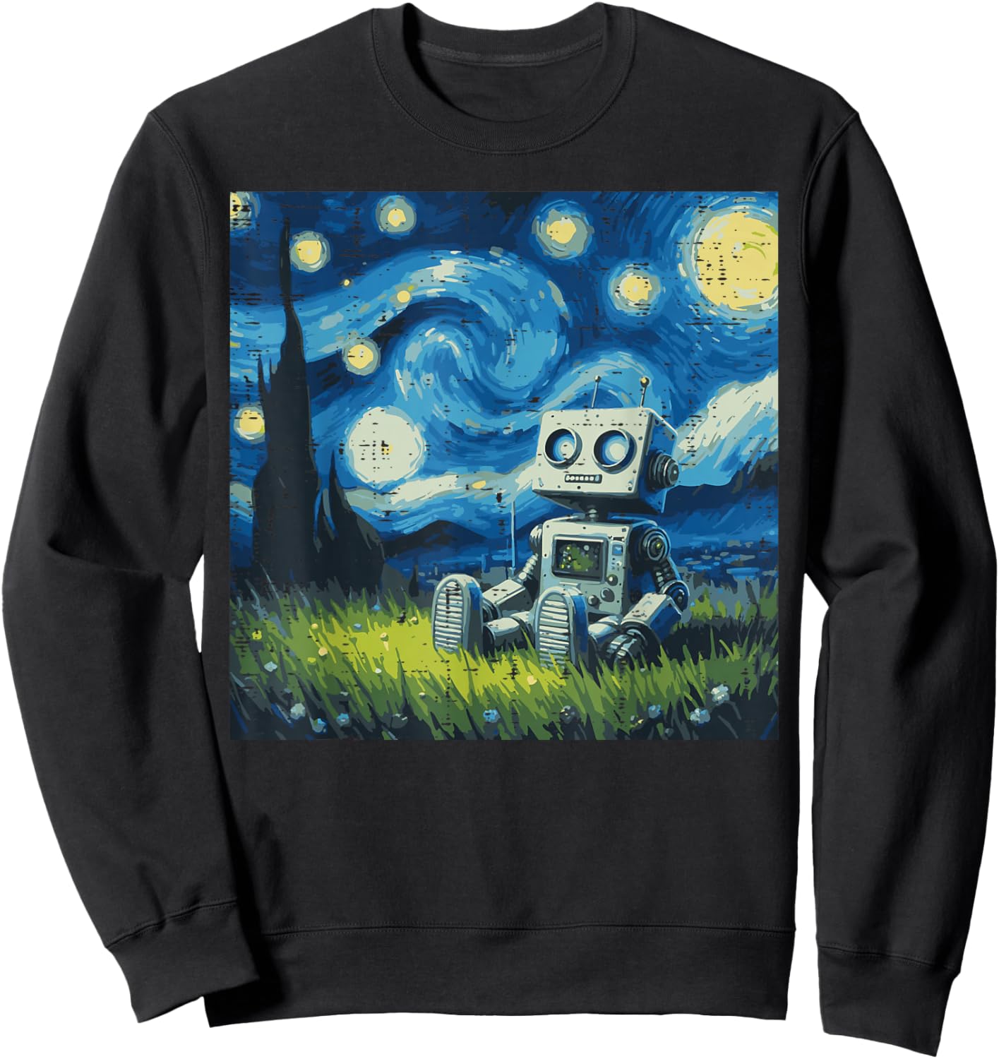 Starry Night Robot Funny Painting Art Meme Kids Men Women Sweatshirt - Sweatshirt | Black