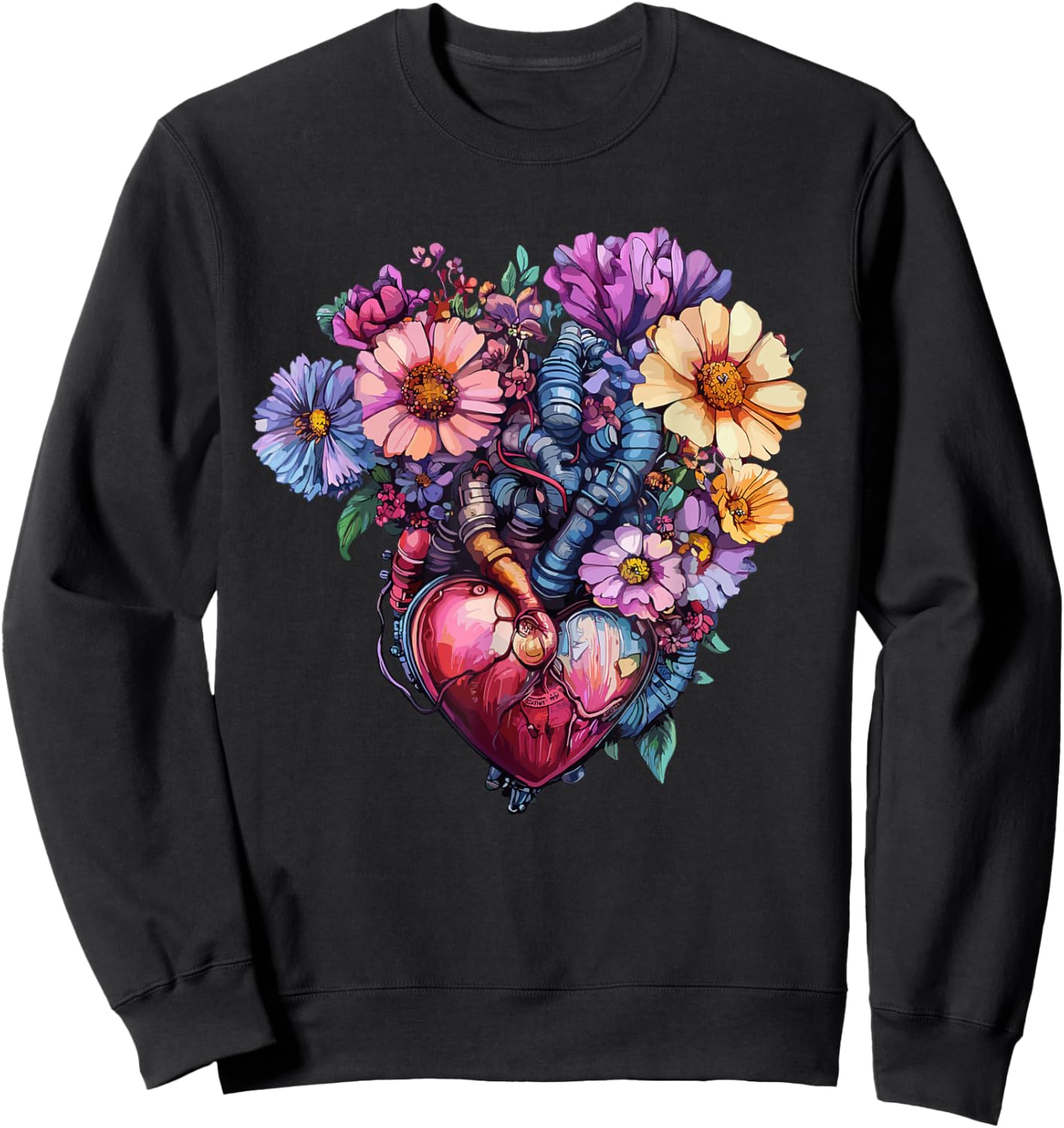 Anatomical Heart with Colorful Wildflowers Sweatshirt - Sweatshirt | Black