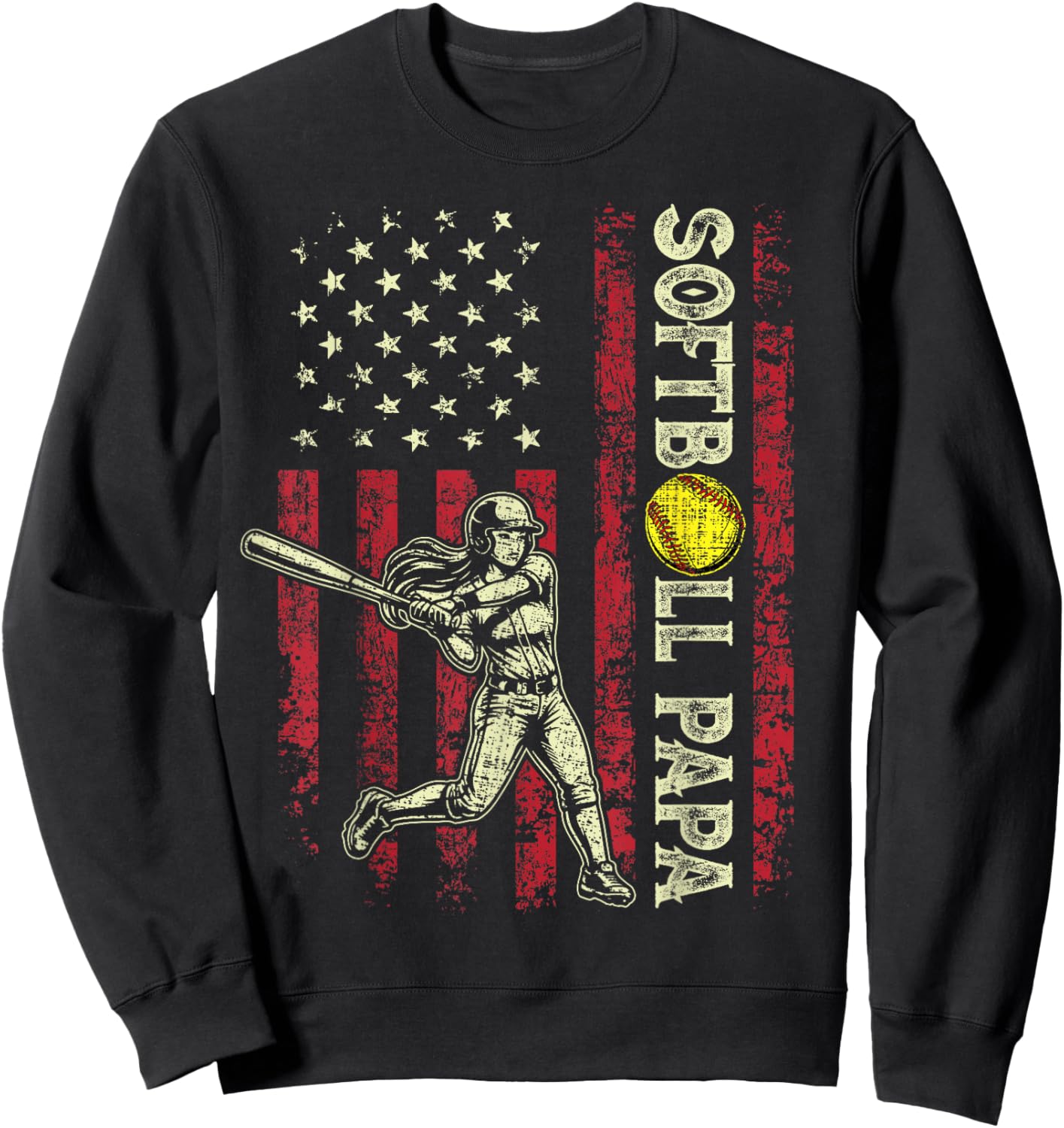 Softball Papa American US Flag Patriotic Papa Fathers Day Sweatshirt - Sweatshirt | Black