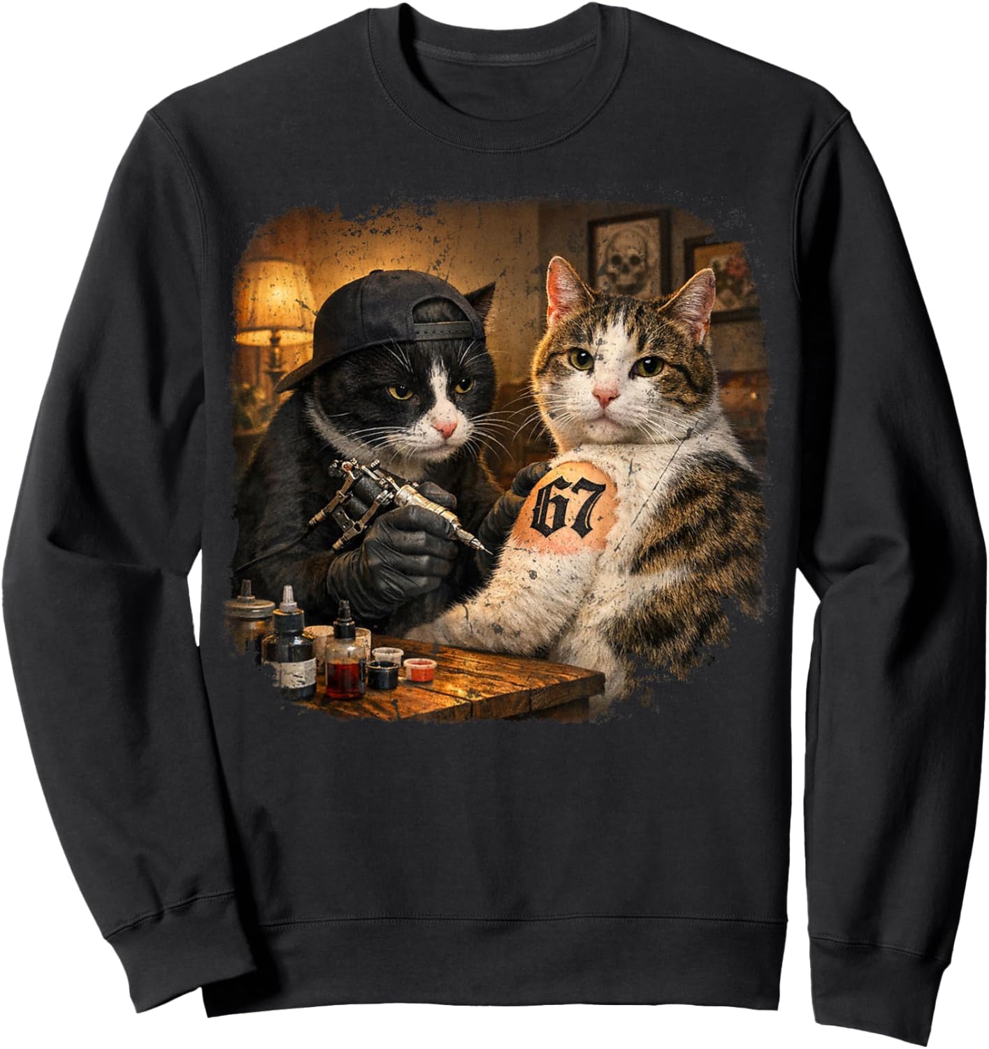 Vintage Cat Tattoo Inked Kitty Artist Funny 67 Meme Sweatshirt - Sweatshirt | Black