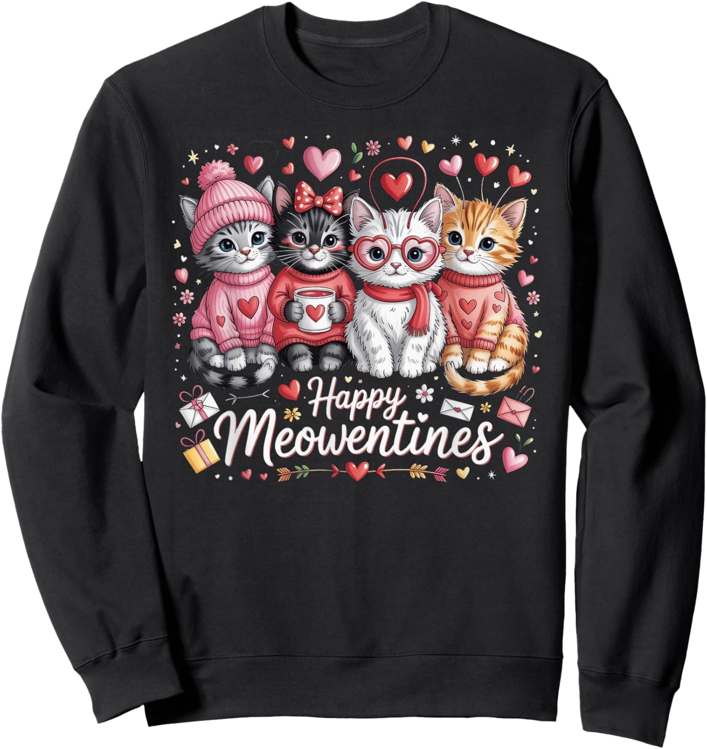 Happy Meowentines Valentine Cat Lovers Sweatshirt - Sweatshirt | Black