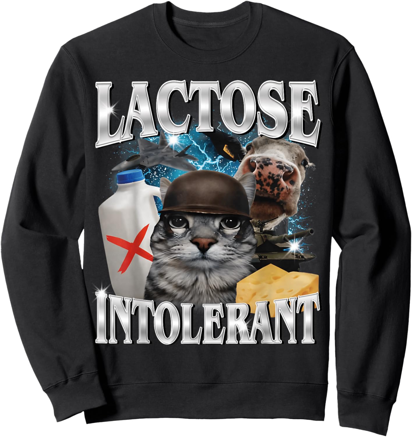 Lactose Intolerant Silly Cat Meme Funny Saying Cats Animals Sweatshirt - Sweatshirt | Black