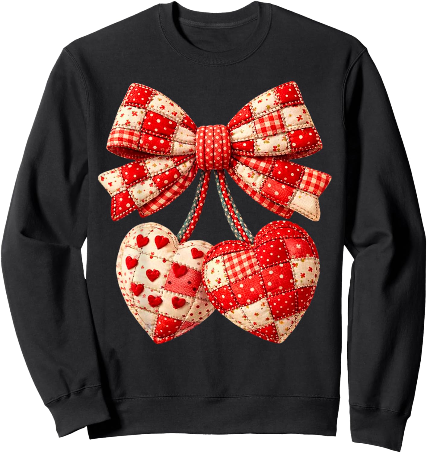 Valentine Hearts Bow Patchwork Graphic Art Romantic Quilted Sweatshirt - Sweatshirt | Black