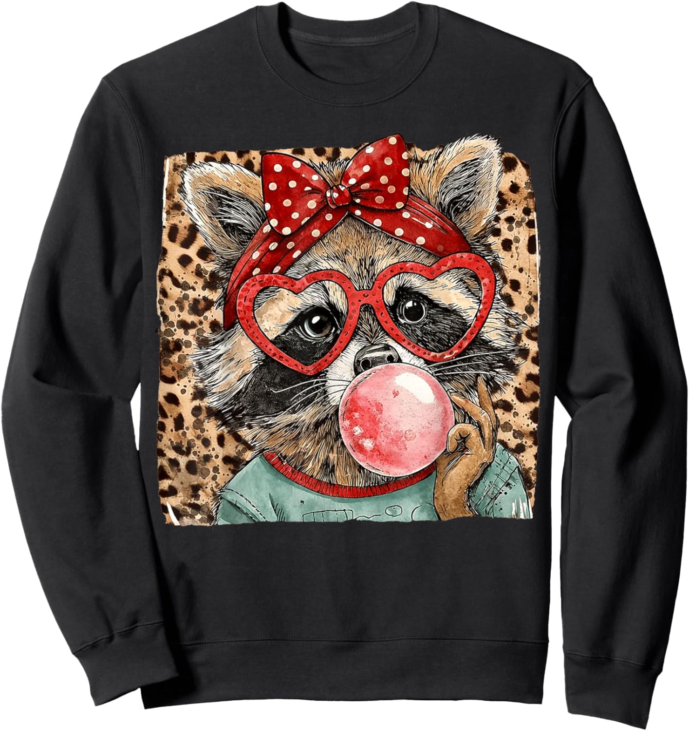 Vintage Leopard Racoon Bow Blowing Bubble Gum Valentine Sweatshirt - Sweatshirt | Black