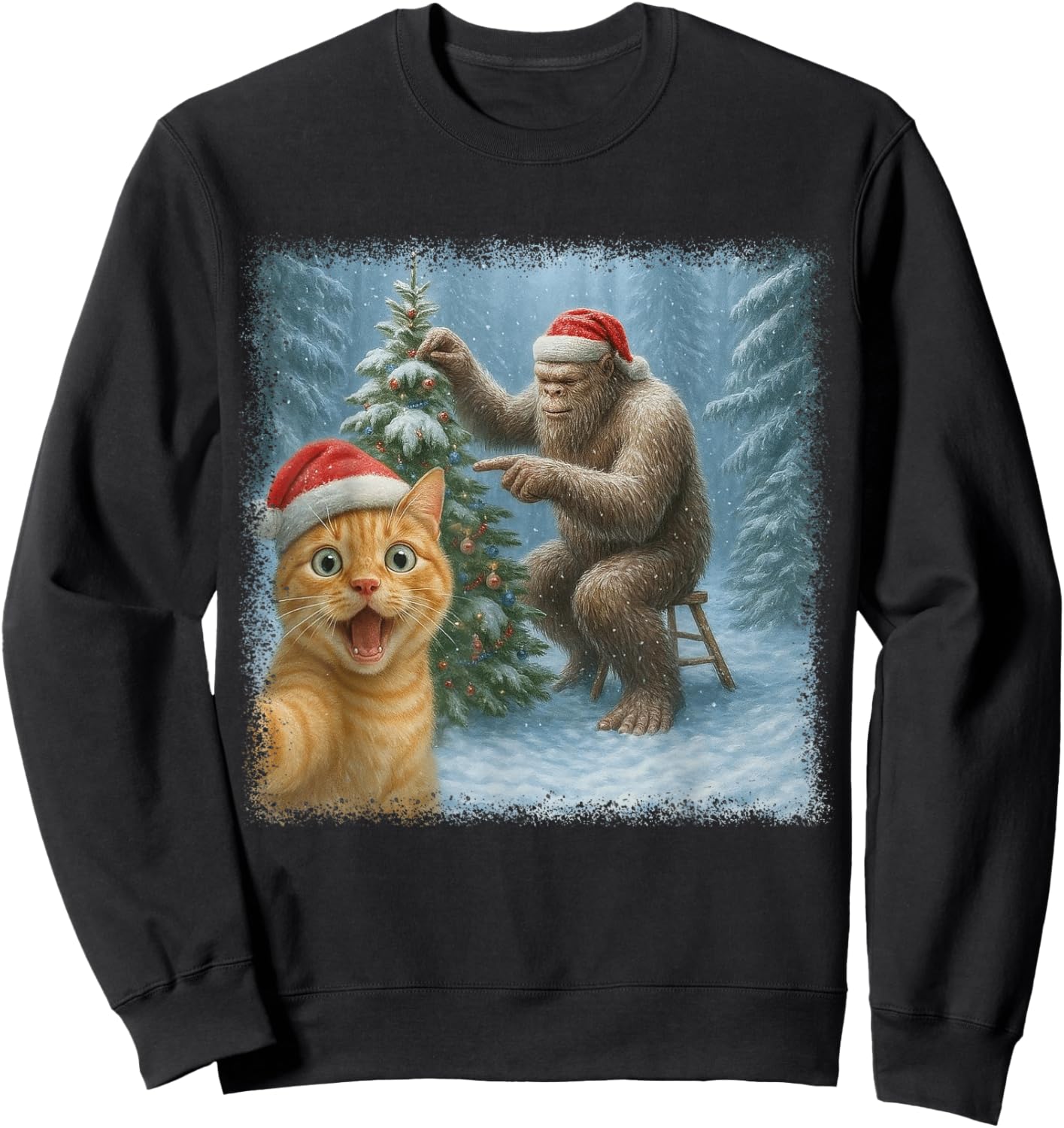 Funny Cat Selfie with Bigfoot Winter Christmas Sasquatch Sweatshirt - Sweatshirt | Black