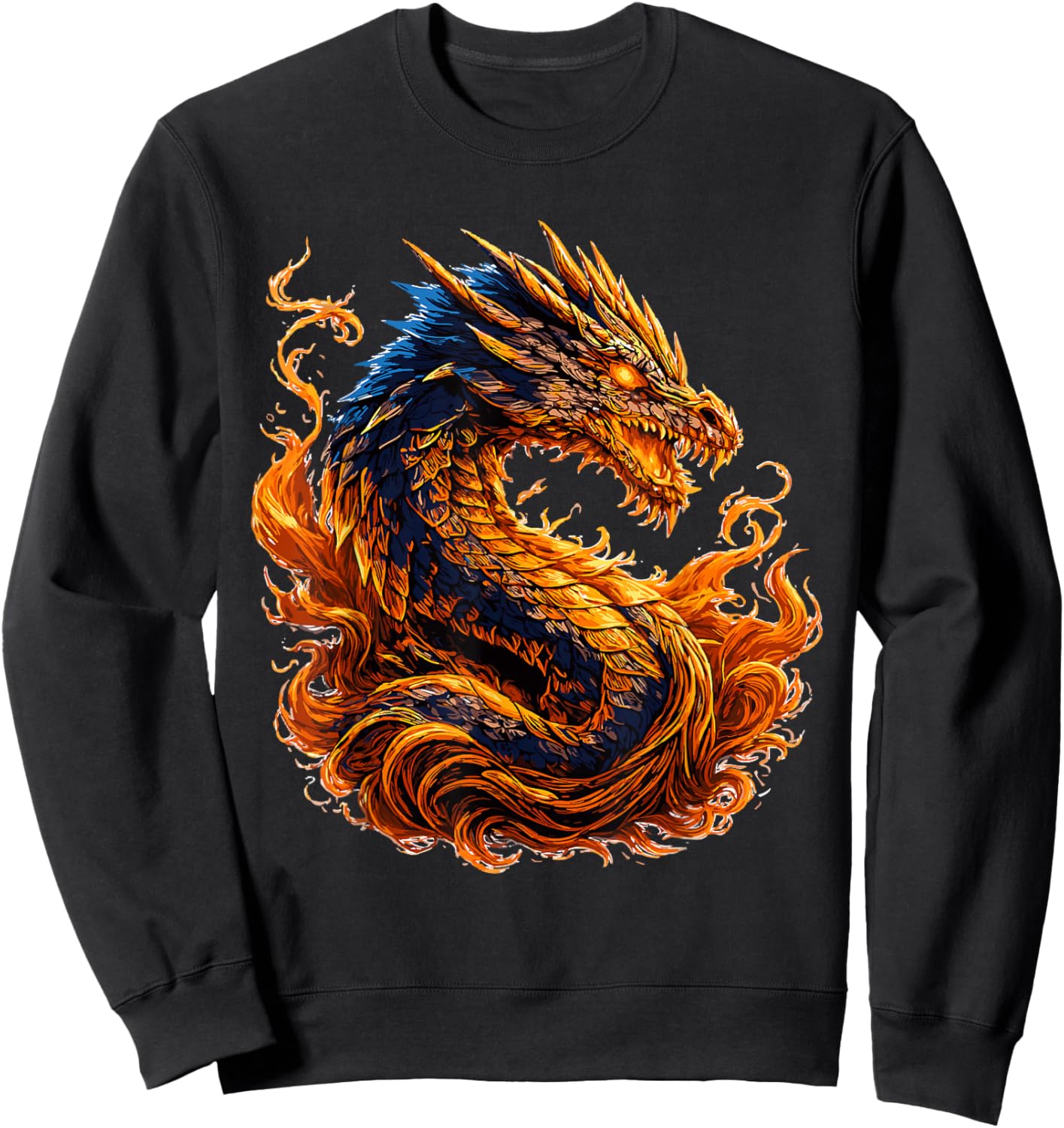 Medieval Fire Dragon Fantasy Art Inspired Flame Graphic Sweatshirt - Sweatshirt | Black