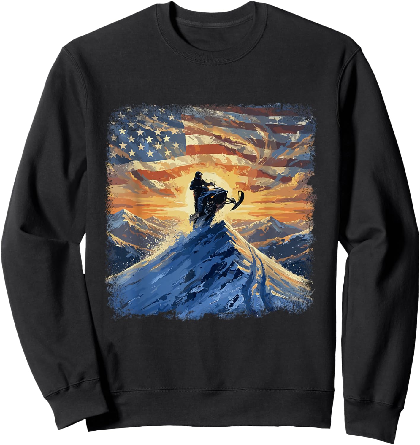 USA Flag Snowmobiling Mountain Sunrise Snowmobile Rider Sweatshirt - Sweatshirt | Black
