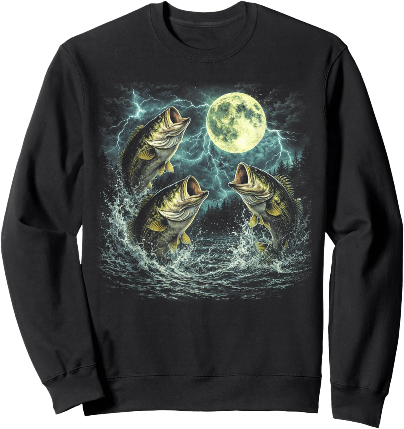 Bass Fish Howling at The Moon 90s Vintage Bass Fishing Sweatshirt - Sweatshirt | Black