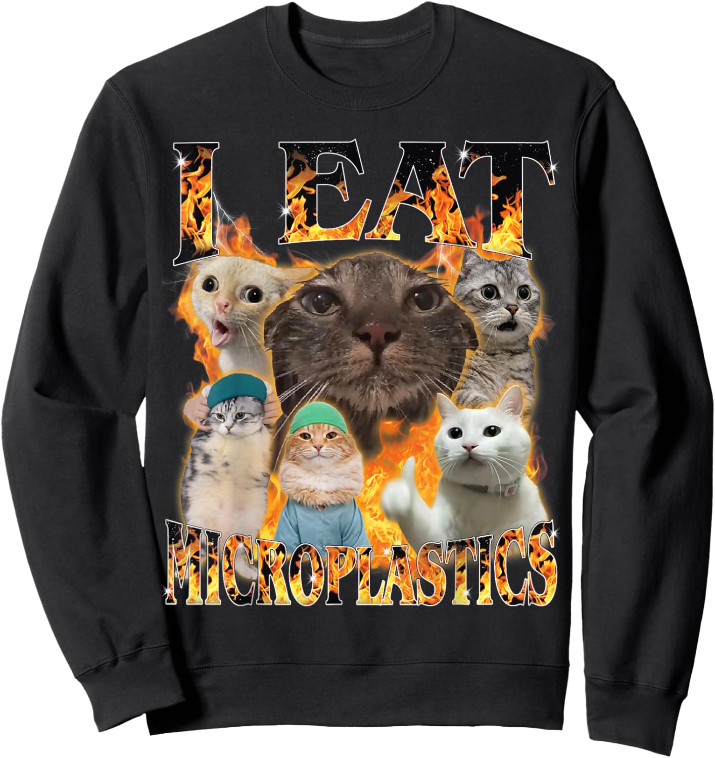 I Eat Microplastics Funny Cat Meme Bootleg Men Women Sweatshirt - Sweatshirt | Black