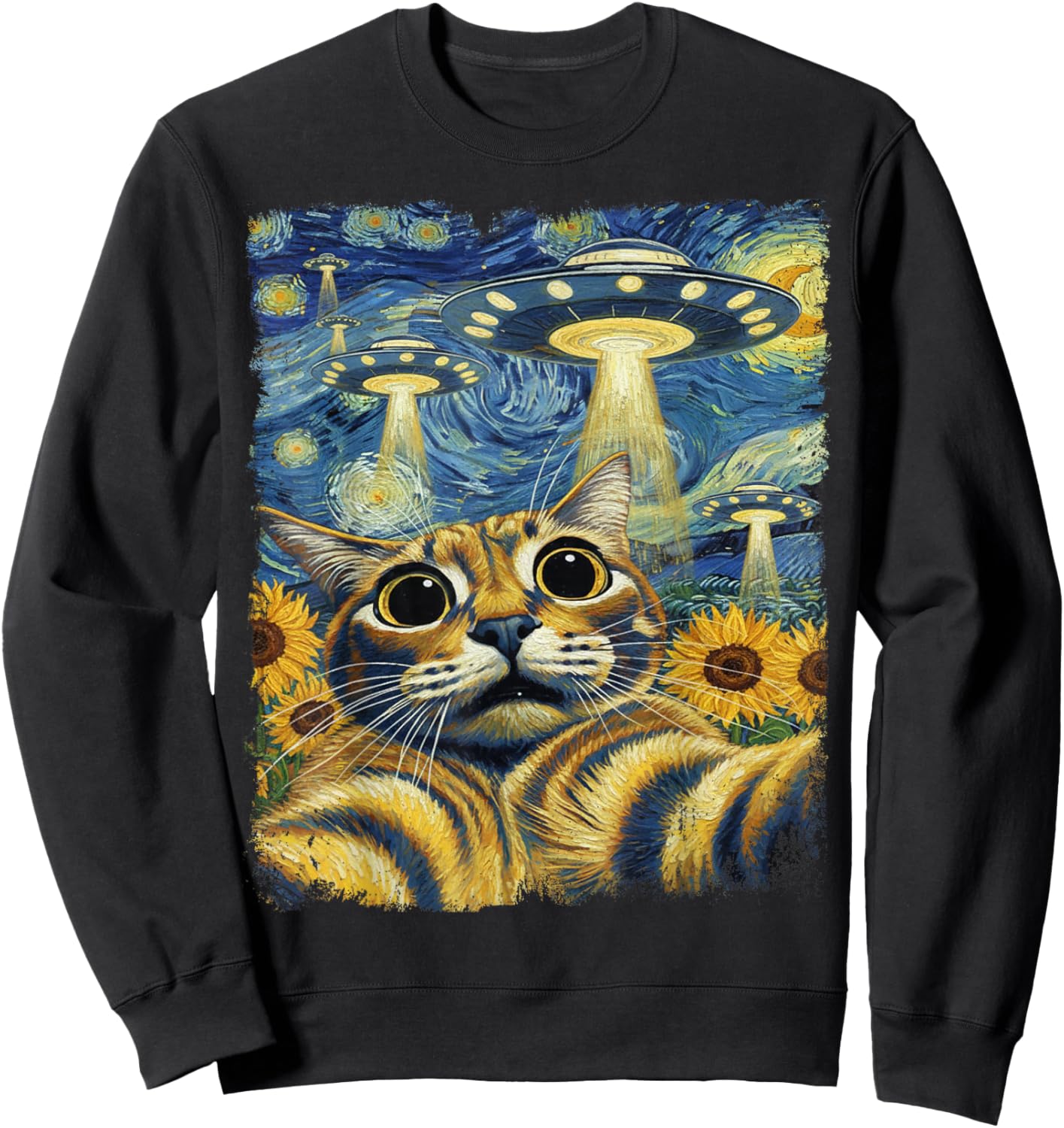 Cat Selfie with UFO Starry Night Van Gogh Cat Men Women Kids Sweatshirt - Sweatshirt | Black