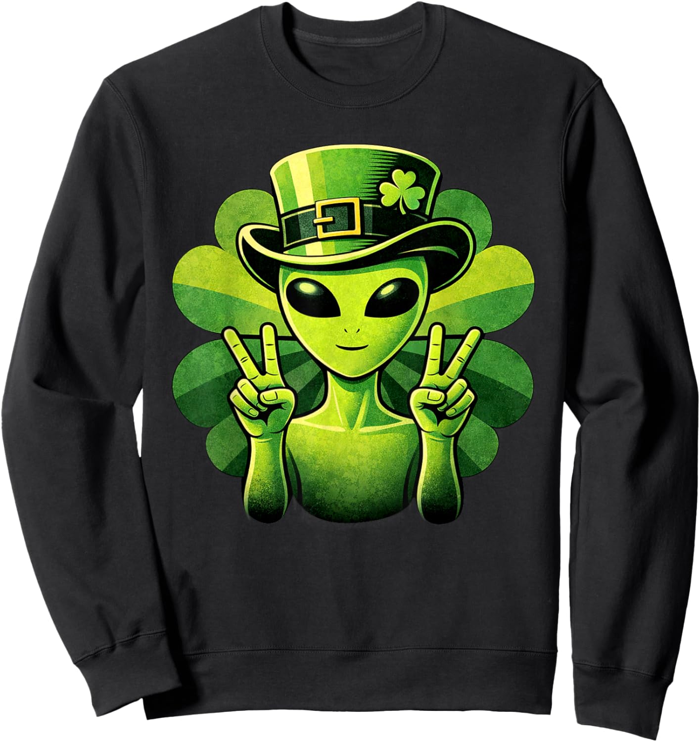 Funny St Patricks Day Alien Peace Shamrock Irish Humor Sweatshirt - Sweatshirt | Black