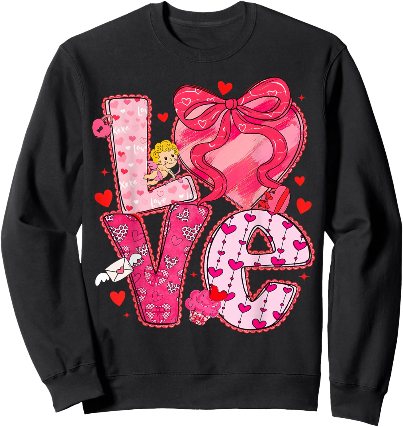 Valentine Love Heart Coquette Bow Cute Women Kids Girl Sweatshirt - Sweatshirt | Black