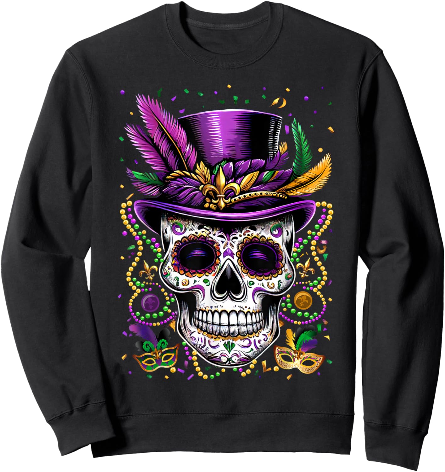 Mardi Gras Skull Top Hat Beads Mask New Orleans Louisiana Sweatshirt - Sweatshirt | Black