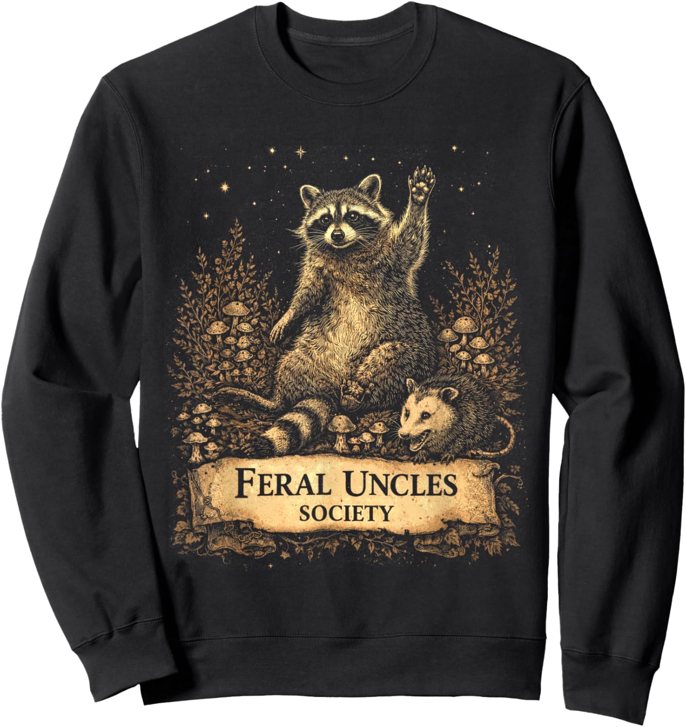 Feral Uncles Society Funny Raccoon & Opossum Vintage Graphic Sweatshirt - Sweatshirt | Black