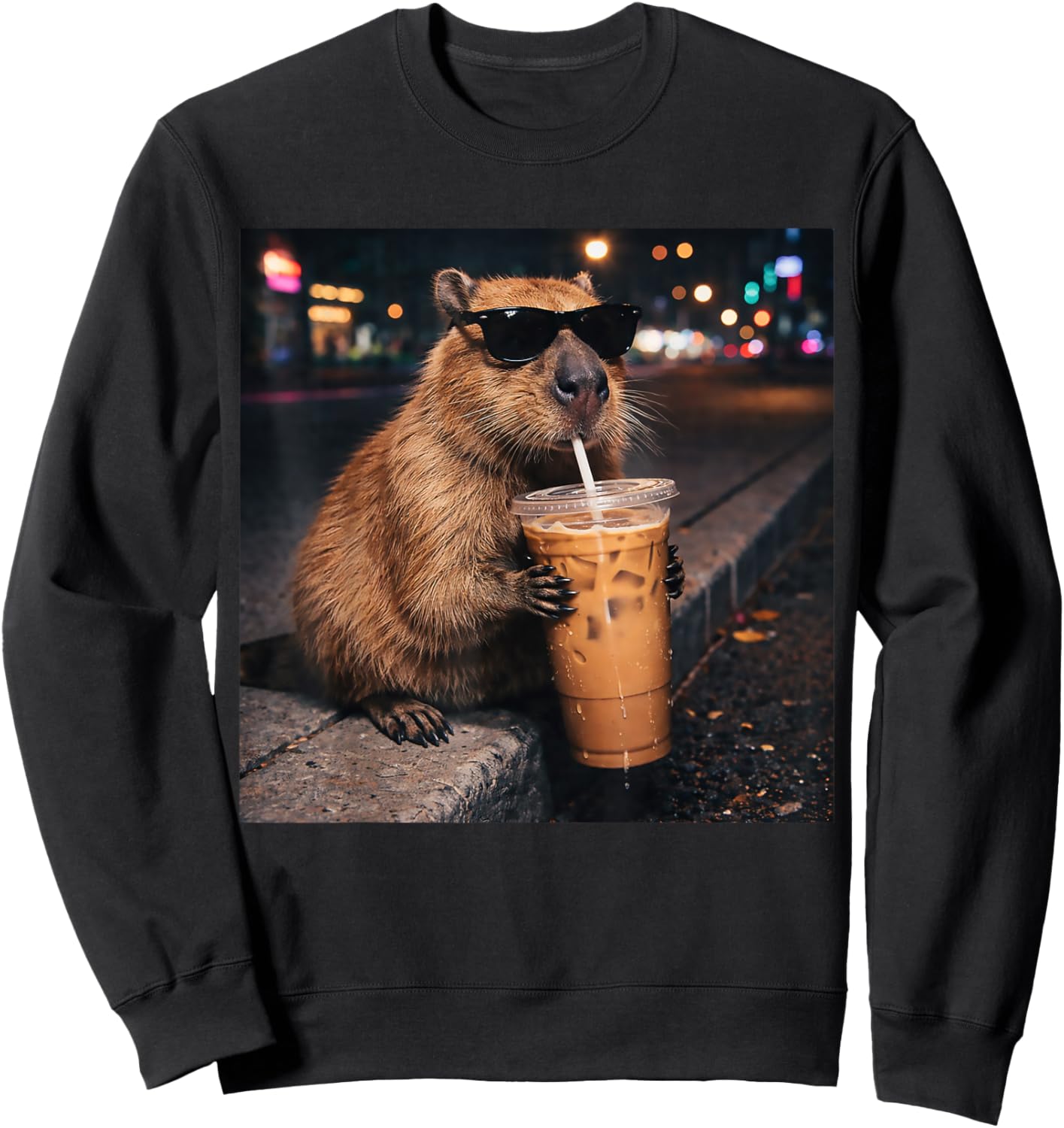 Funny Capybara Drinking Iced Coffee Lover Animal Meme Sweatshirt - Sweatshirt | Black