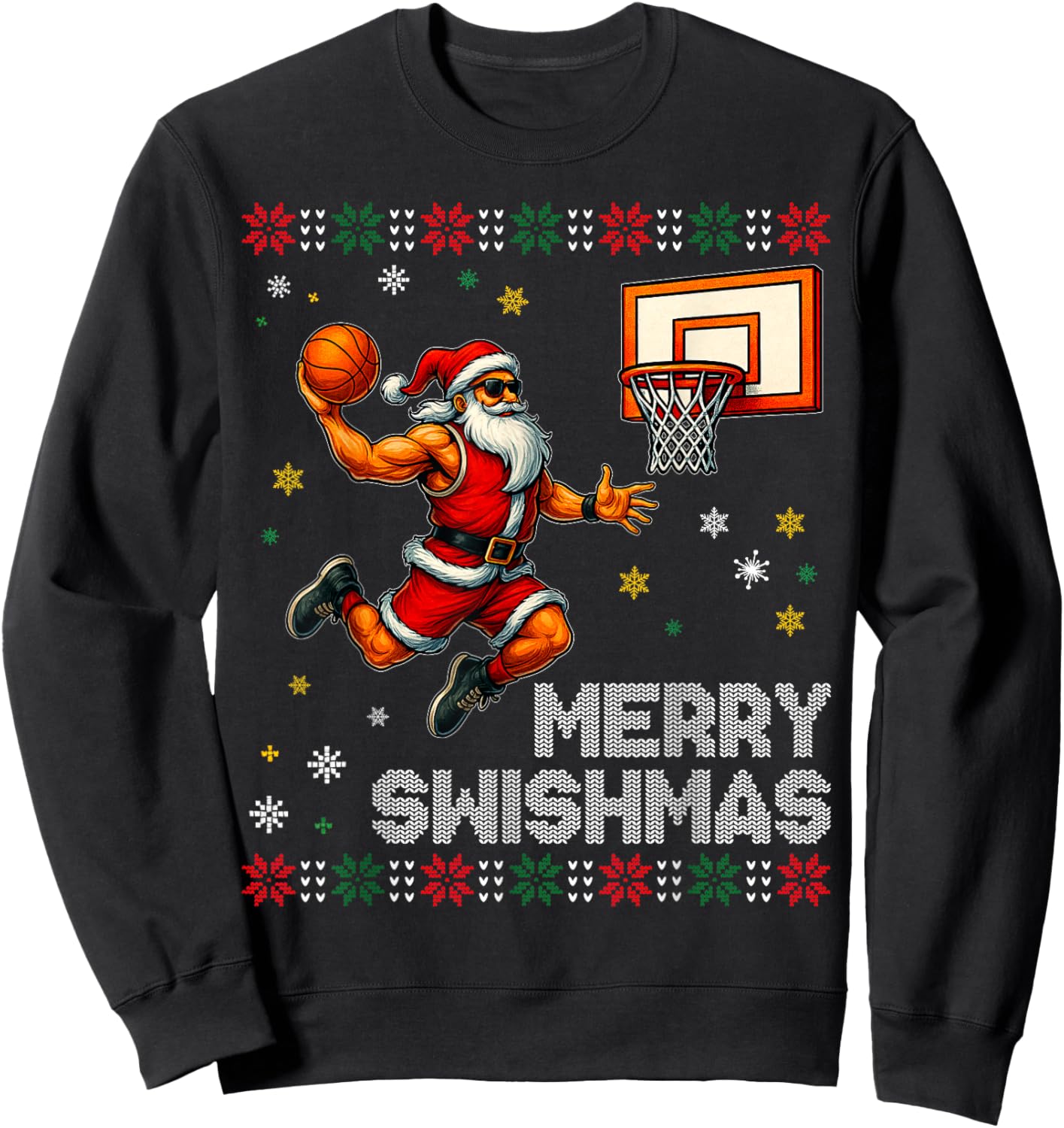 Santa Dunking Basketball Merry Swishmas Design Sweatshirt - Sweatshirt | Black