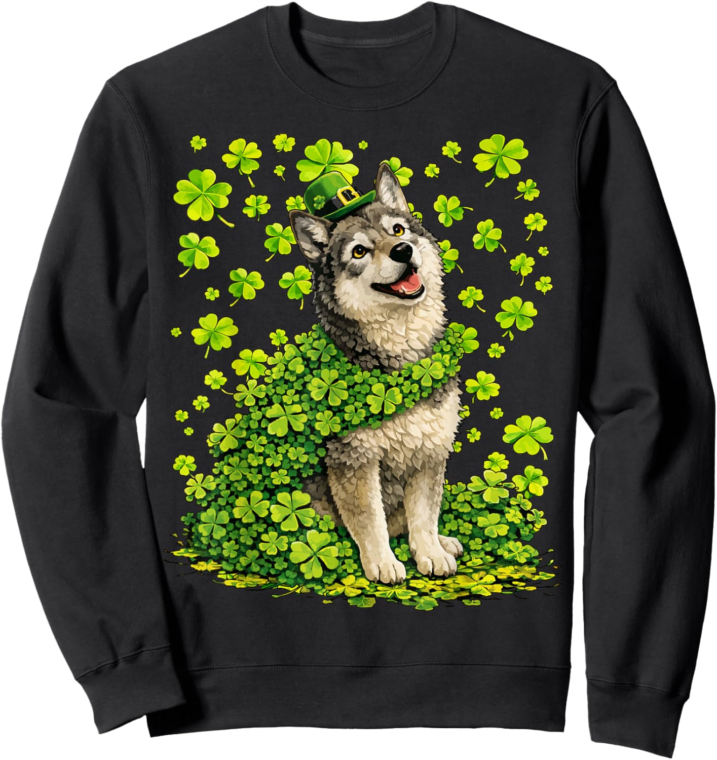Lucky Wolf with Shamrocks Clovers St Patricks Day Animal Sweatshirt - Sweatshirt | Black