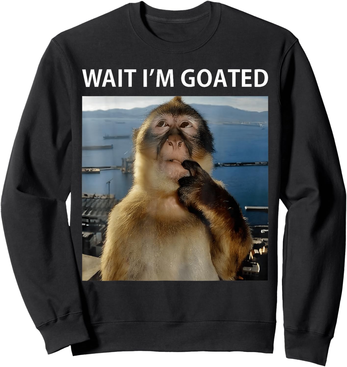 Wait I'm Goated Funny Thinking Monkey Meme Brainrot Sweatshirt - Sweatshirt | Black