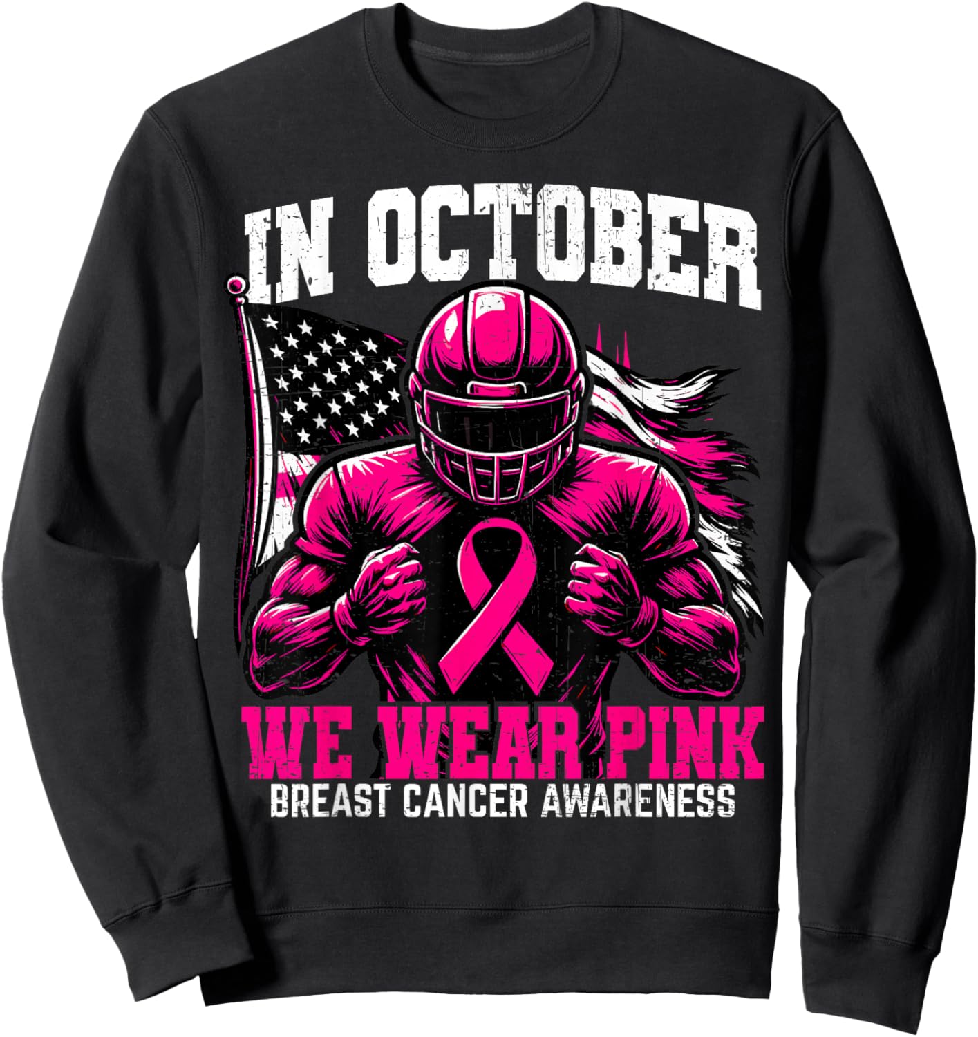 in October we Wear Pink USA Flag Breast Cancer Awareness Sweatshirt - Sweatshirt | Black
