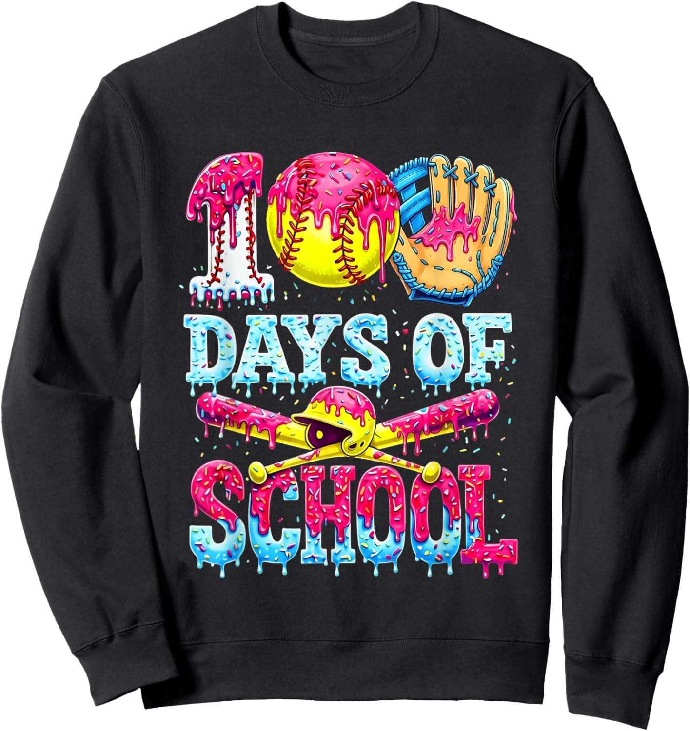 100 Days of School Softball Ice Cream Dripping Pattern Sweatshirt - Sweatshirt | Black
