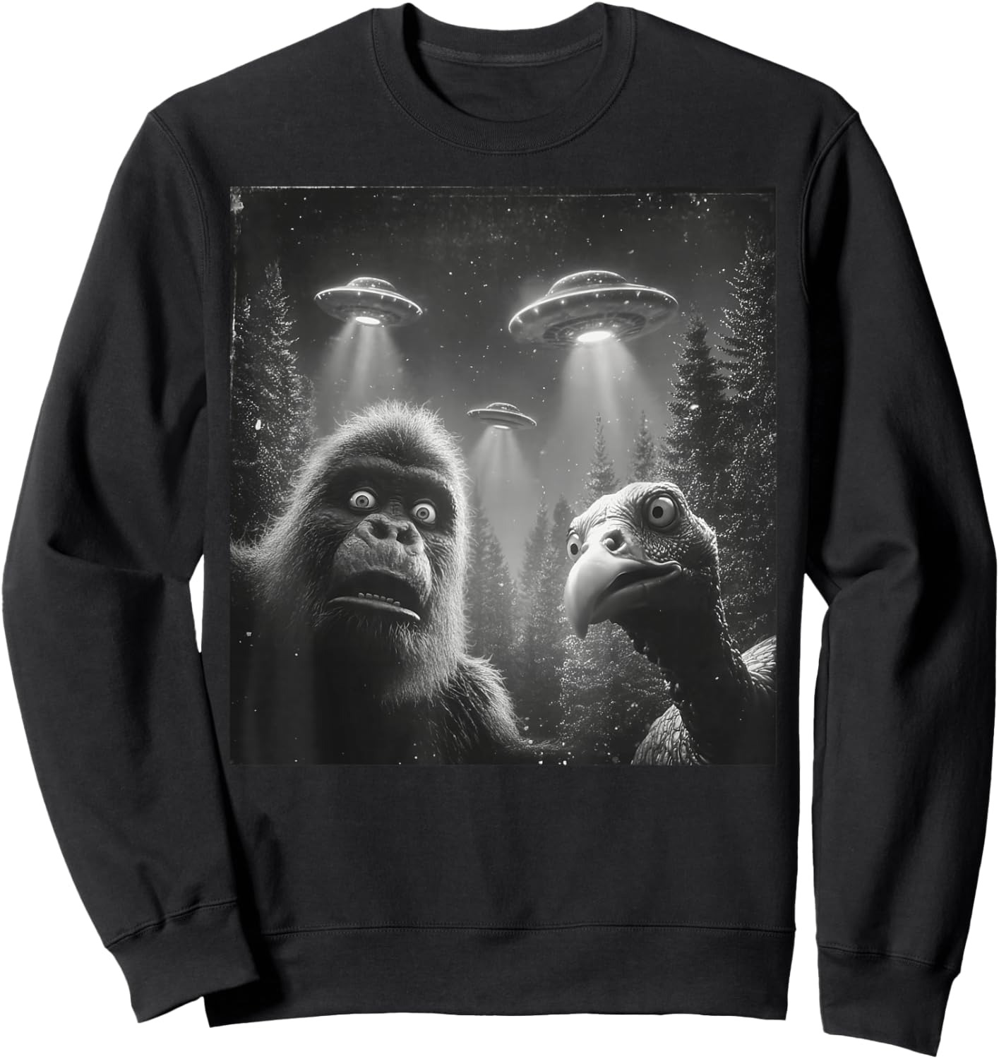 Funny Thanksgiving Bigfoot Turkey Selfie UFO Sasquatch Sweatshirt - Sweatshirt | Black