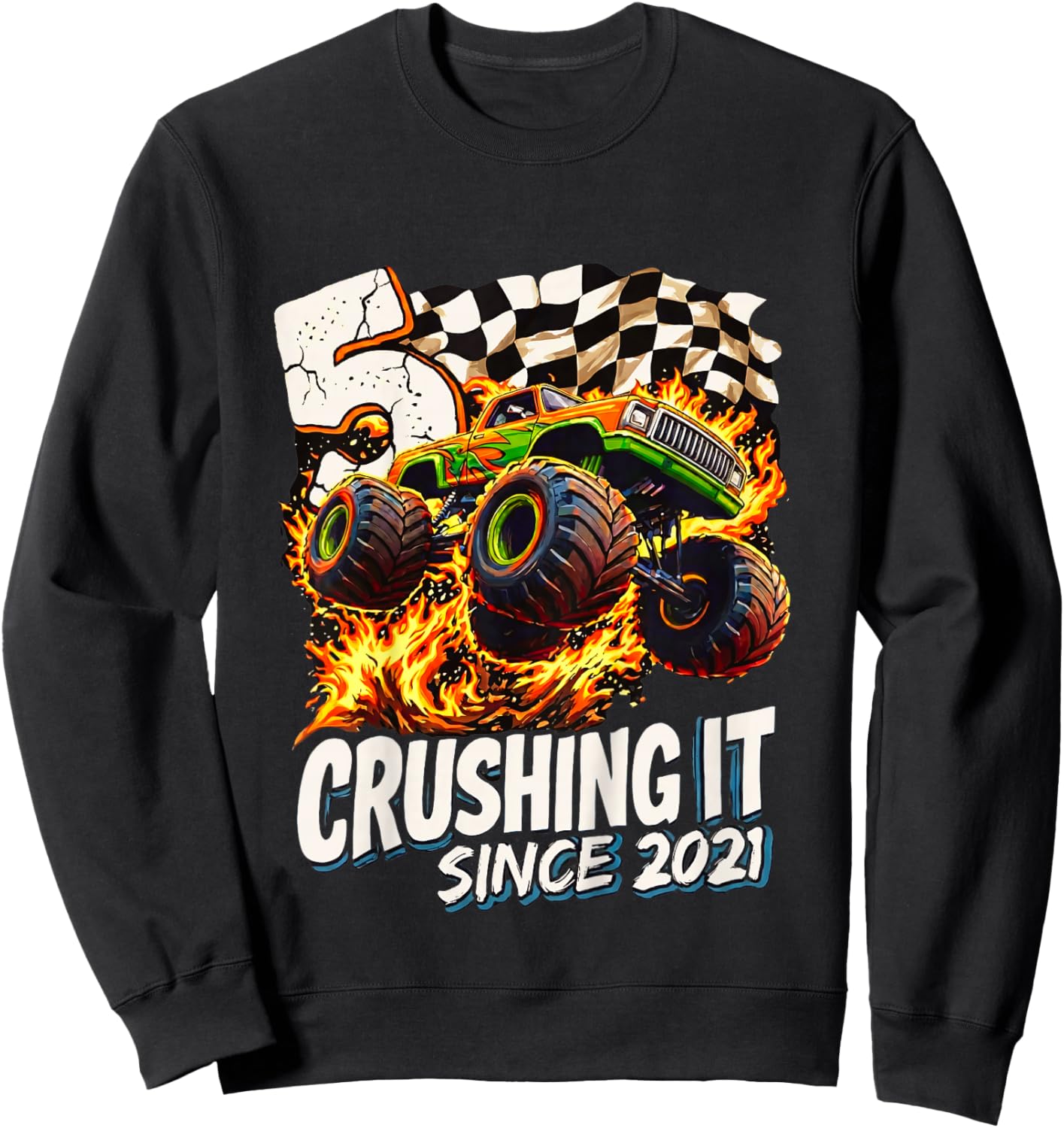 Kids Birthday Monster Truck Boys 5 Crushing It Since 2021 Kids Sweatshirt - Sweatshirt | Black