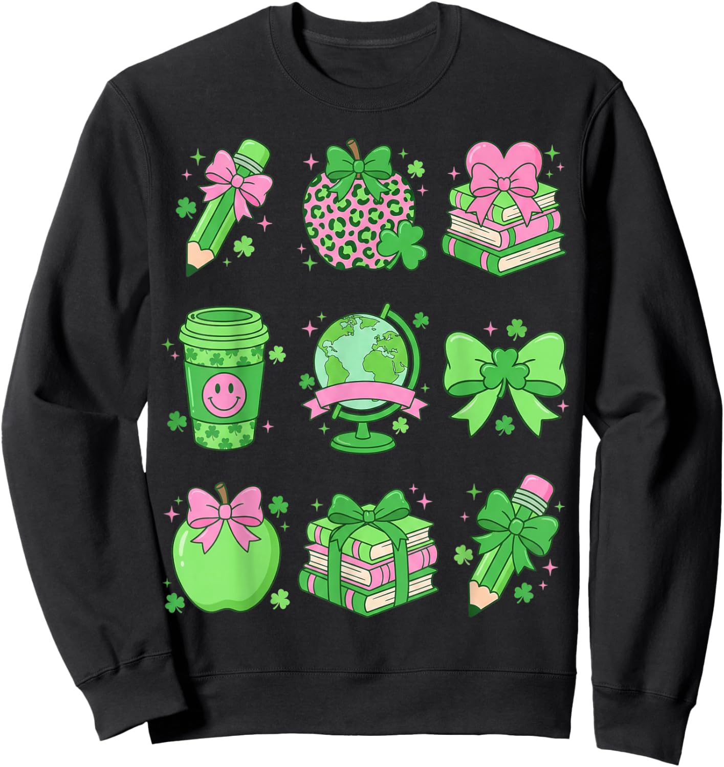 St Patrick's Day Lucky Teacher Shamrock Coquette Bow Pencil Sweatshirt - Sweatshirt | Black