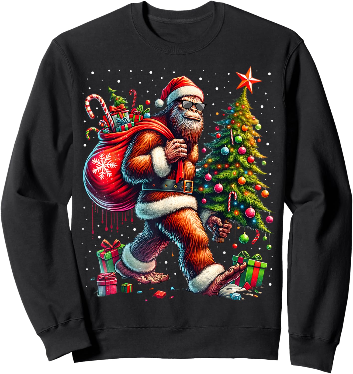 Santa Bigfoot Christmas Tree Xmas Lights Funny Sasquatch Sweatshirt - Sweatshirt | Black