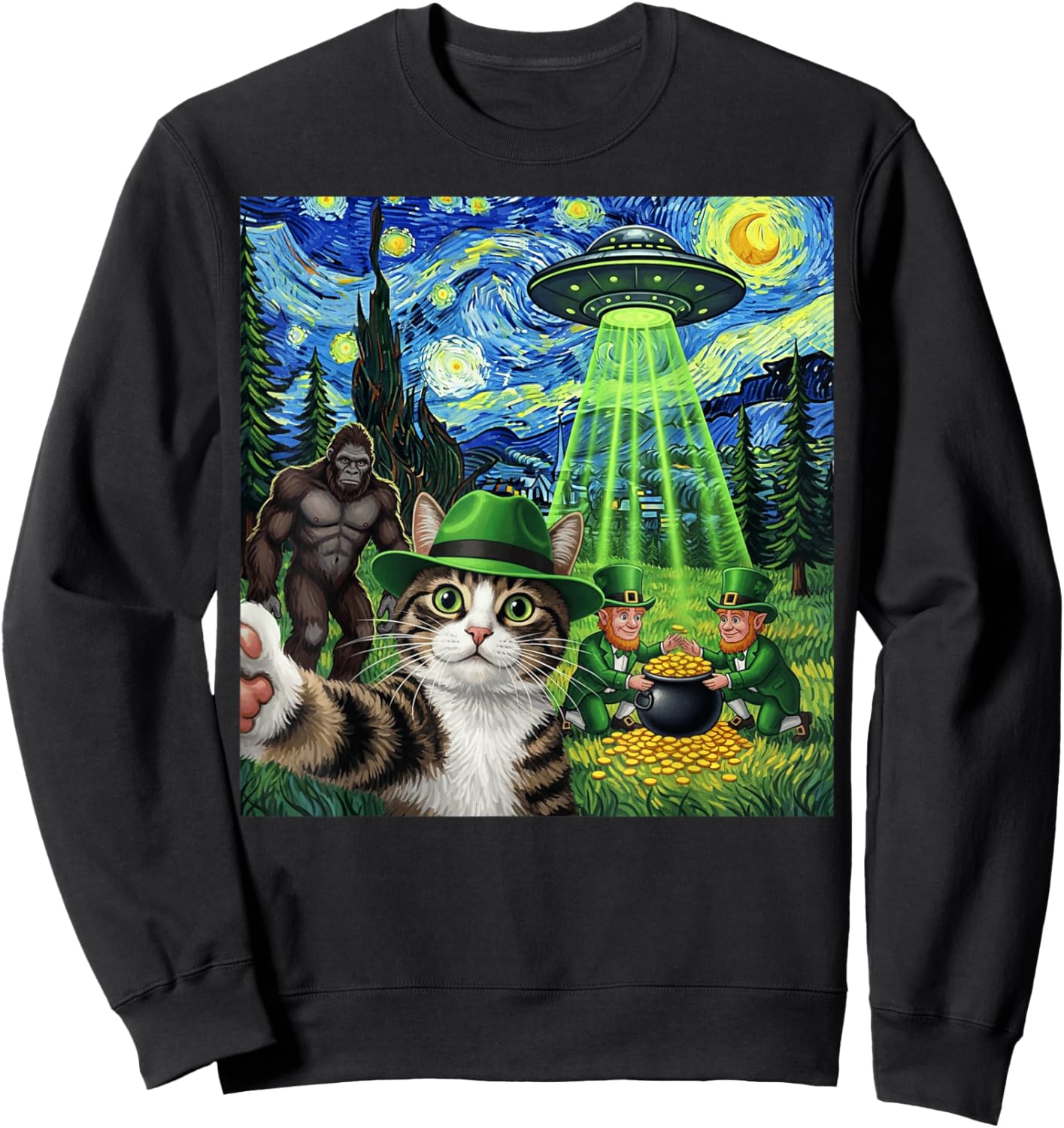 St Patricks Day Bigfoot Leprechaun Cat UFO Funny Scene Sweatshirt - Sweatshirt | Black