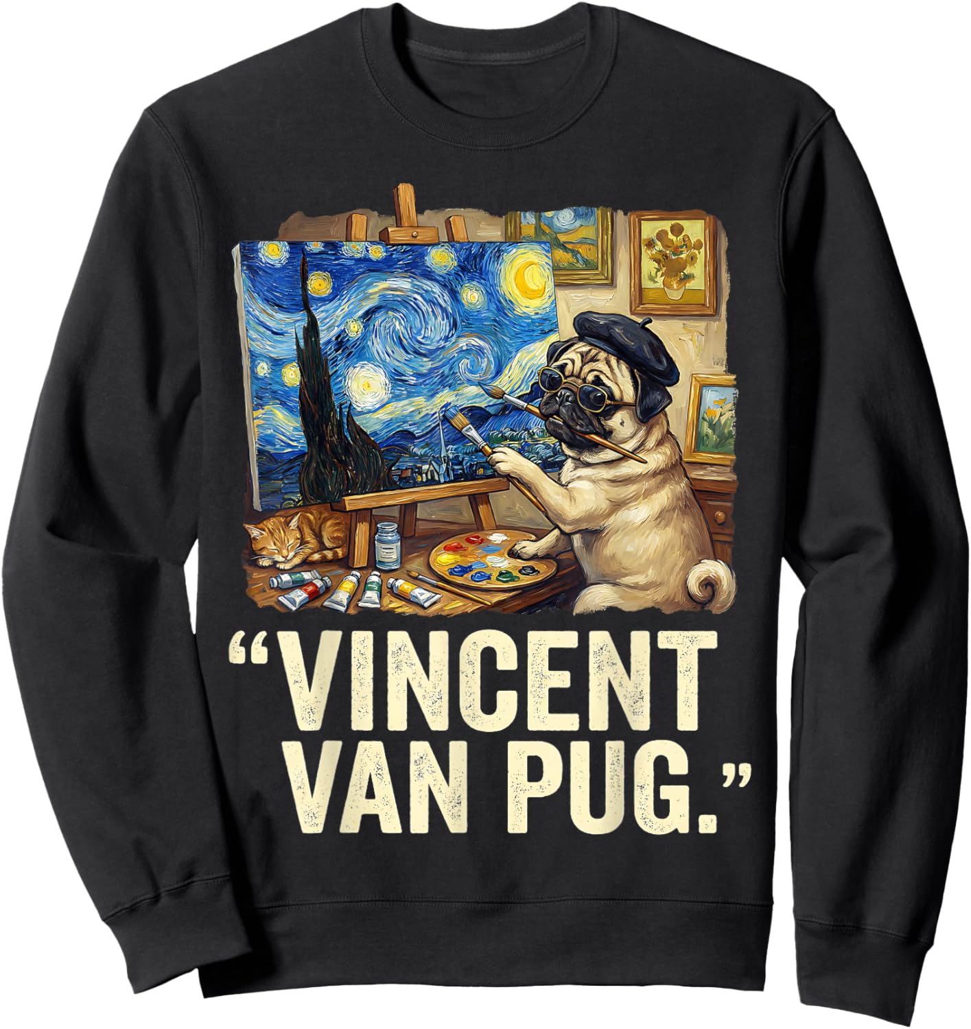Starry Night Dog Van Gogh Pug Lovers Vincent Van Pug Sweatshirt - Sweatshirt | Black