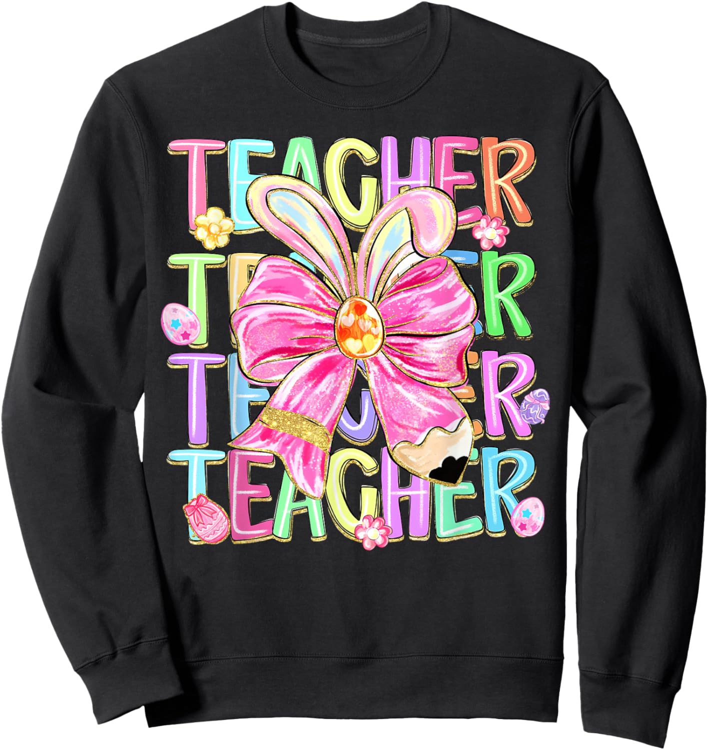 Easter Teacher Coquette Bunny Ears Bow School Teacher Sweatshirt - Sweatshirt | Black