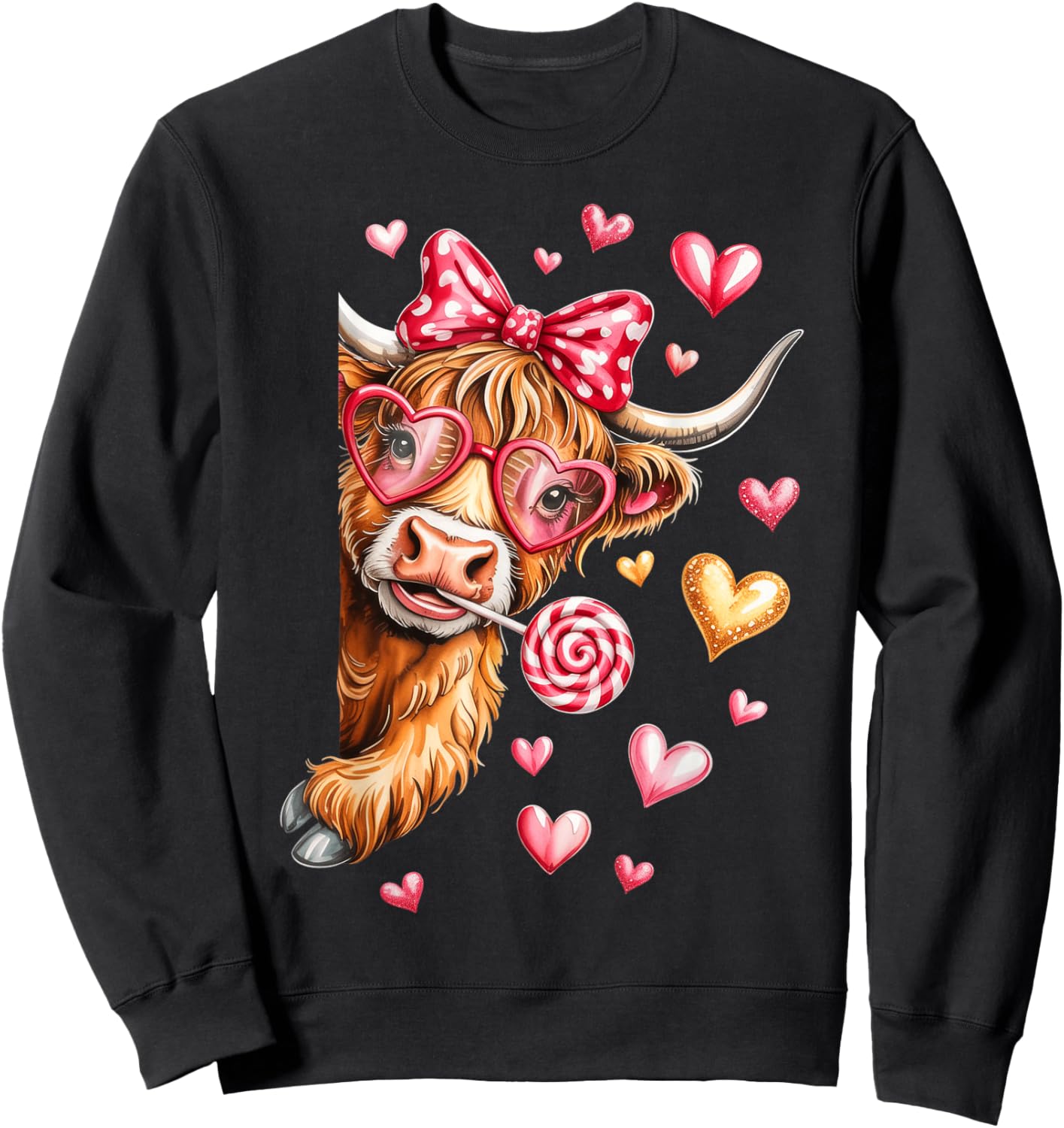 Valentine Highland Cow, Valentine Coquette Sweatshirt - Sweatshirt | Black