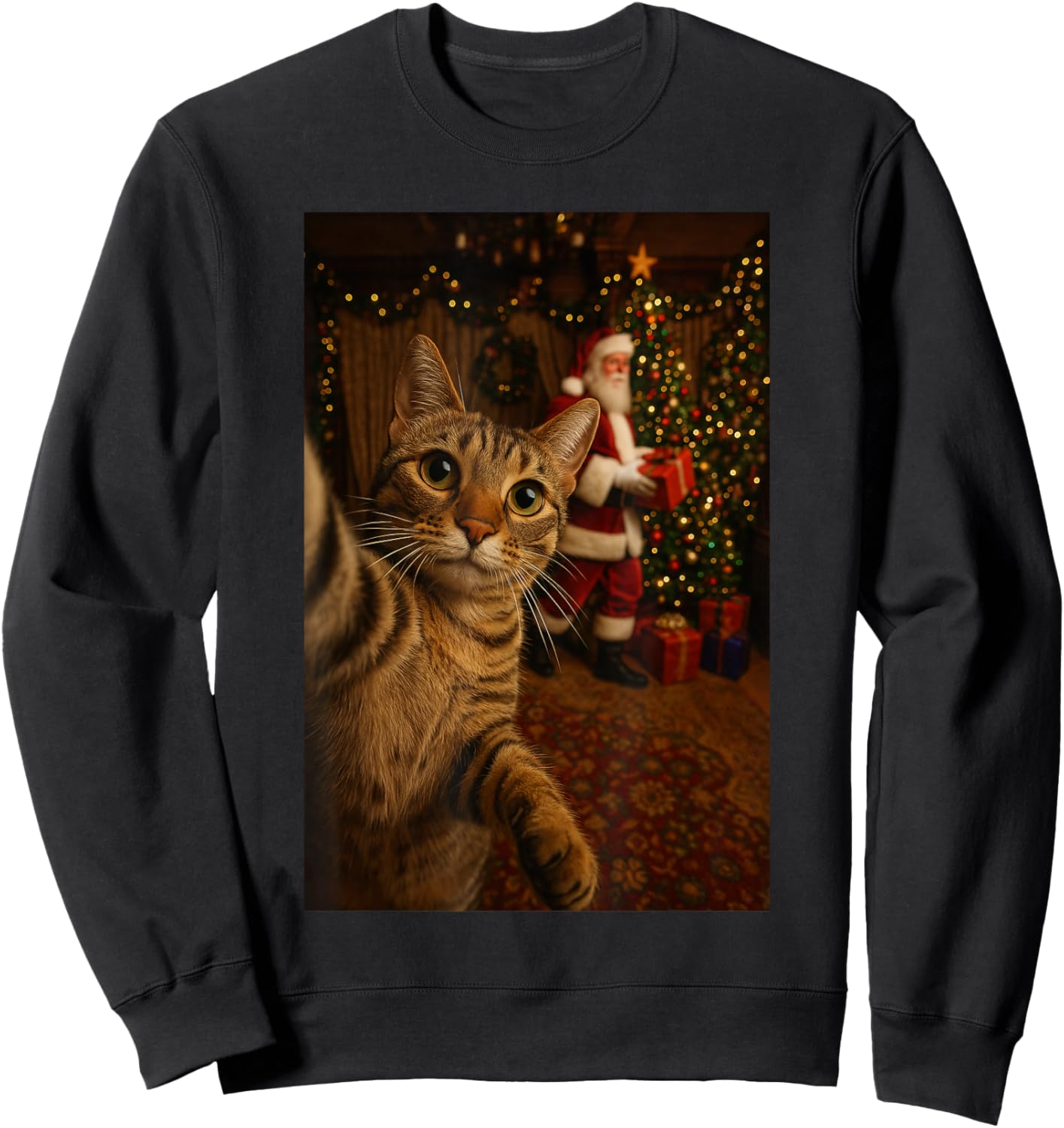 Santa Cat Christmas Tree Shirt, Funny Christmas Cat Selfie Sweatshirt - Sweatshirt | Black