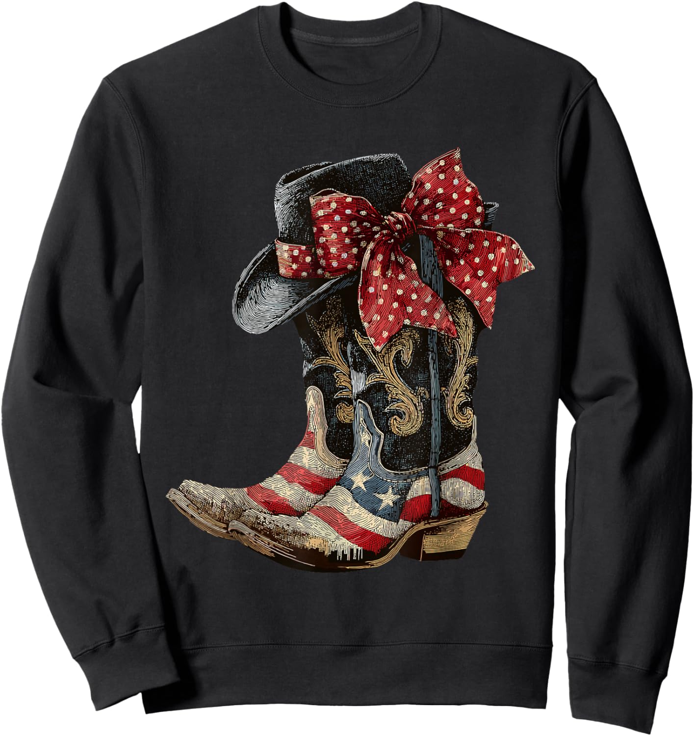 Retro Western Cowboy Cowgirl American Patriotic Rodeo Boots Sweatshirt - Sweatshirt | Black
