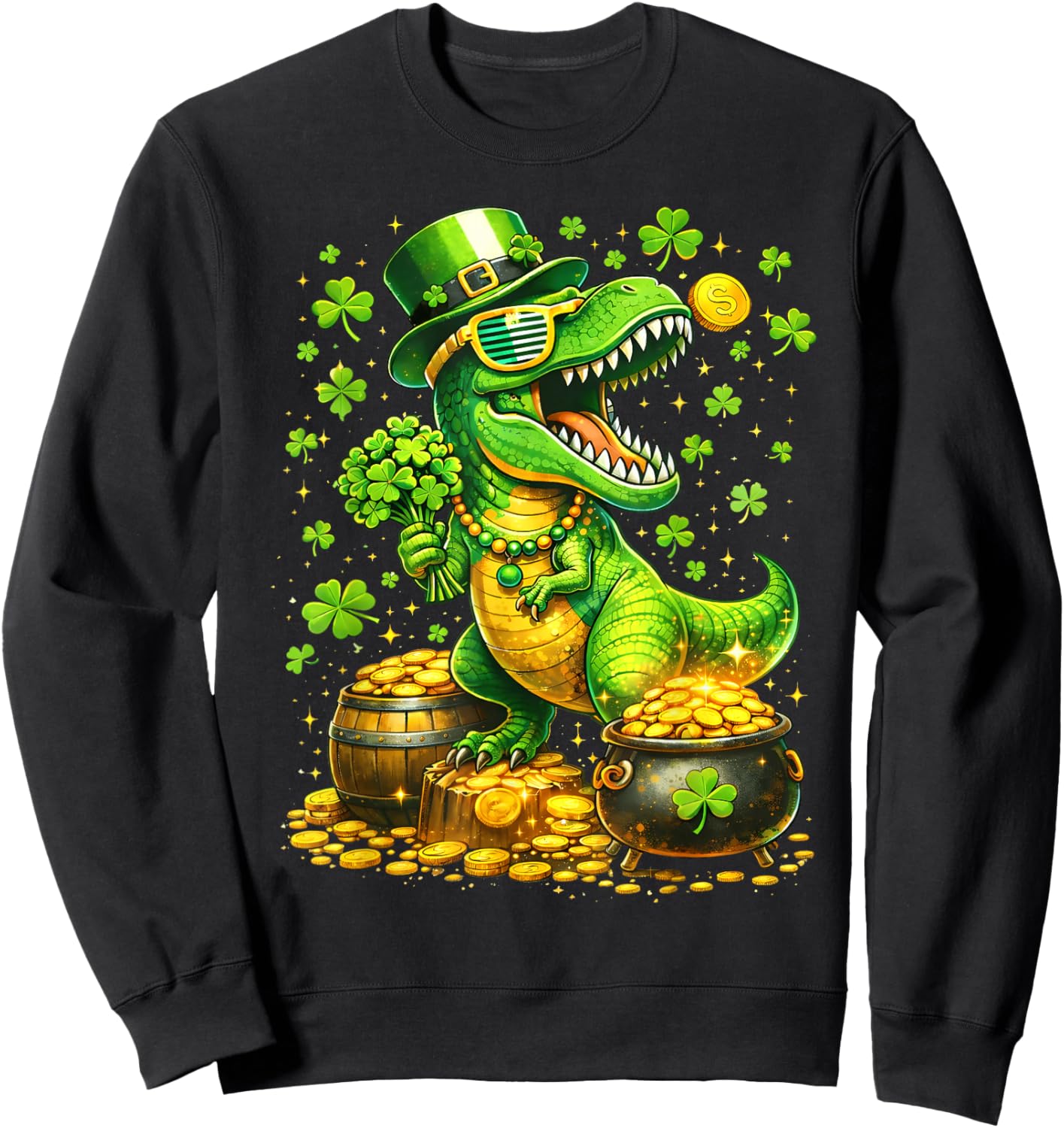 St Patricks Day Dinosaur T Rex Shamrock Kids Boys Sweatshirt - Sweatshirt | Black