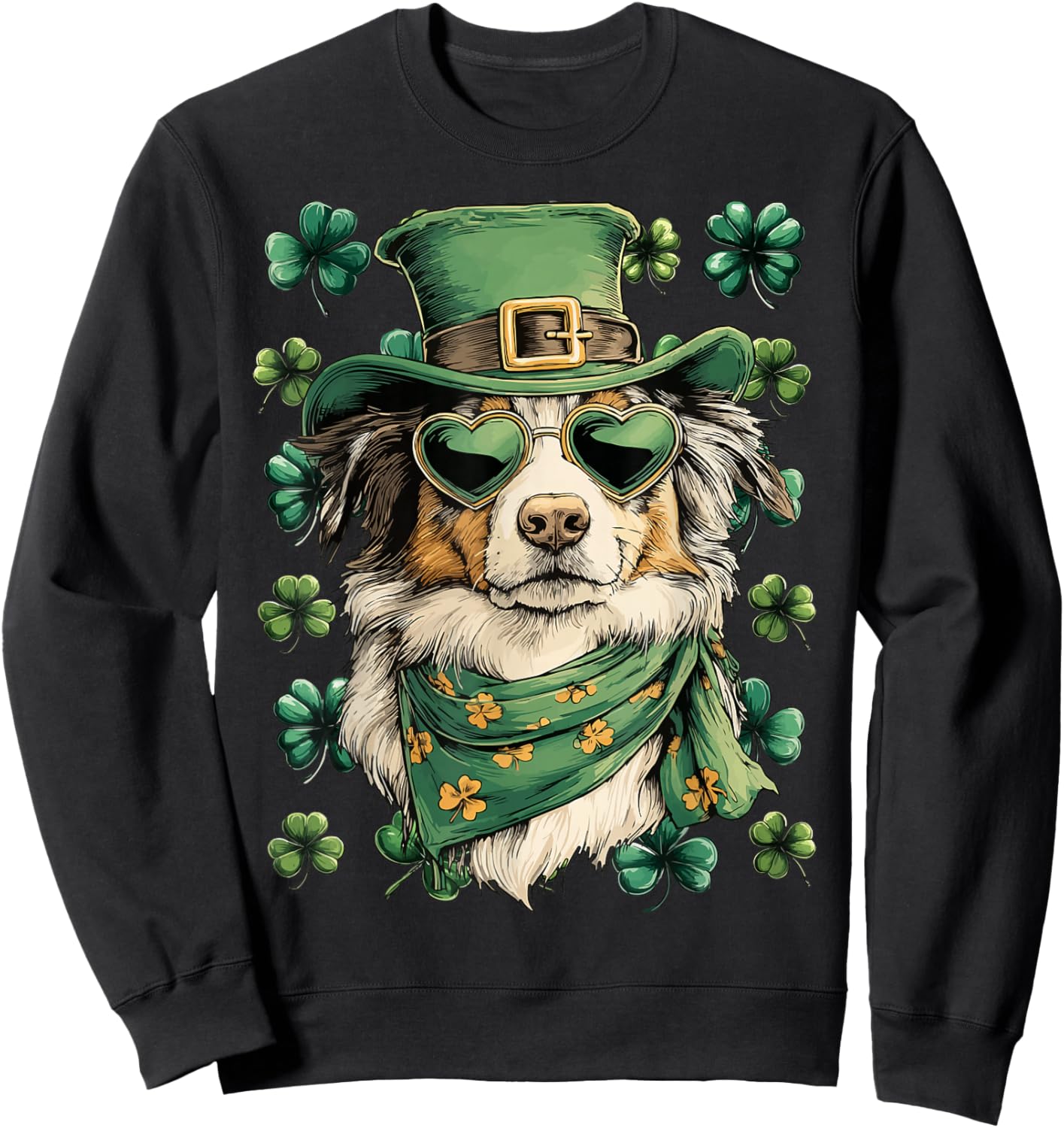 Australian Shepherd in Sunglasses Shamrocks St Patricks Day Sweatshirt - Sweatshirt | Black