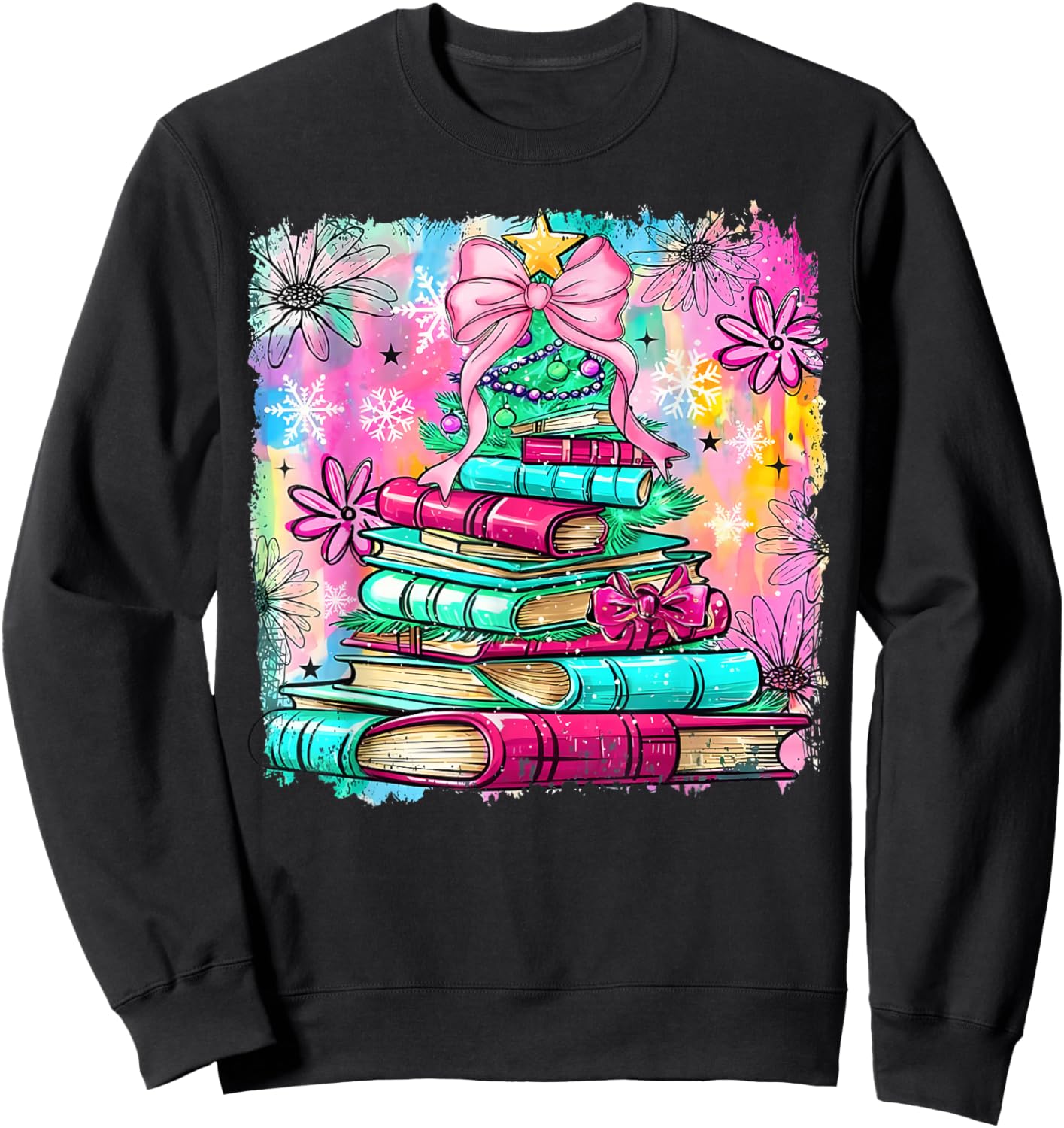 Book Christmas Tree Lights Teacher Librarian Book Lovers Sweatshirt - Sweatshirt | Black