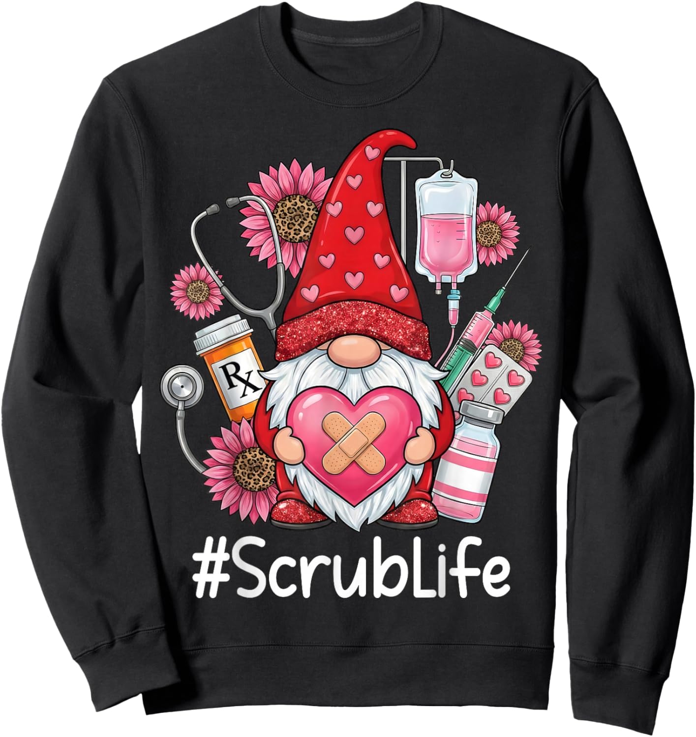 Gnome Nurse Scrub Life Nursing Valentine's Day Sweatshirt - Sweatshirt | Black